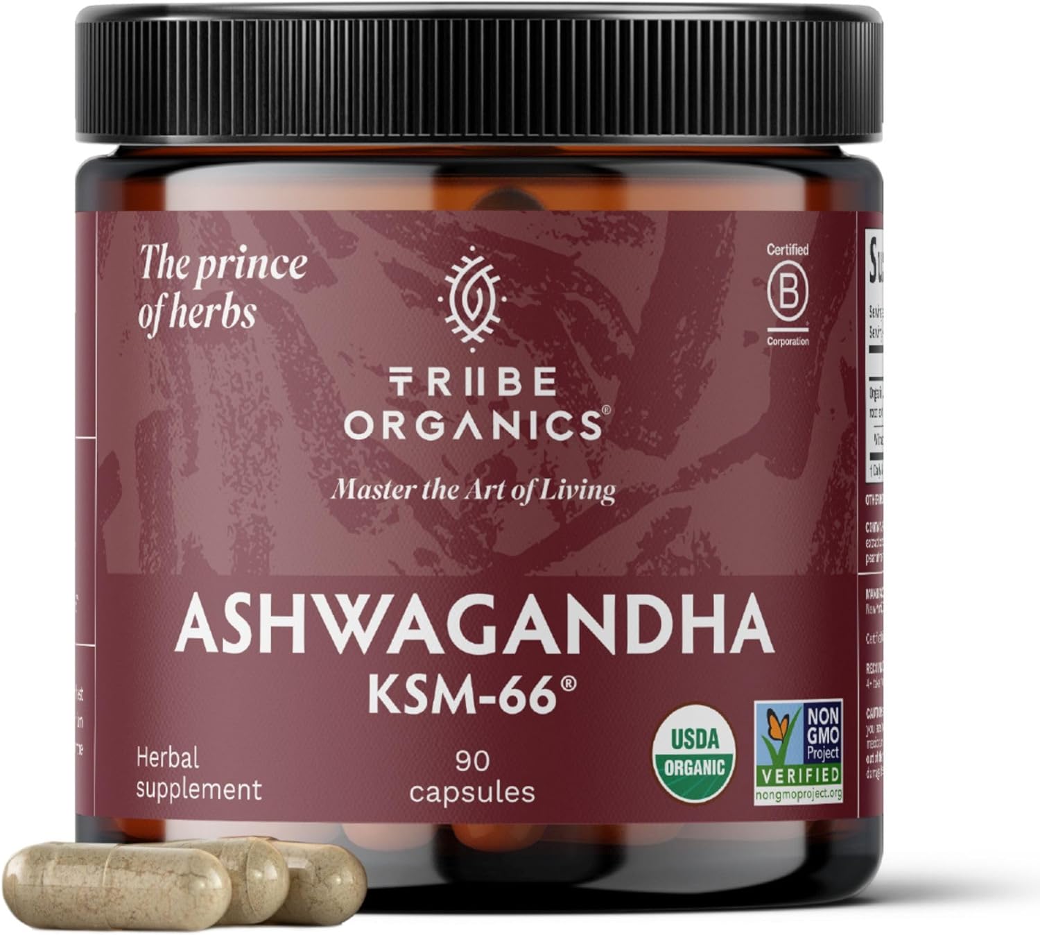 TRIBE ORGANICS Ashwagandha KSM 66 Pure Organic Root Powder Extract Ayurvedic Supplement – Focus Mood Support Increase Energy Strength 600mg of Natural KSM66 for Superior Absorption – 90 Capsules