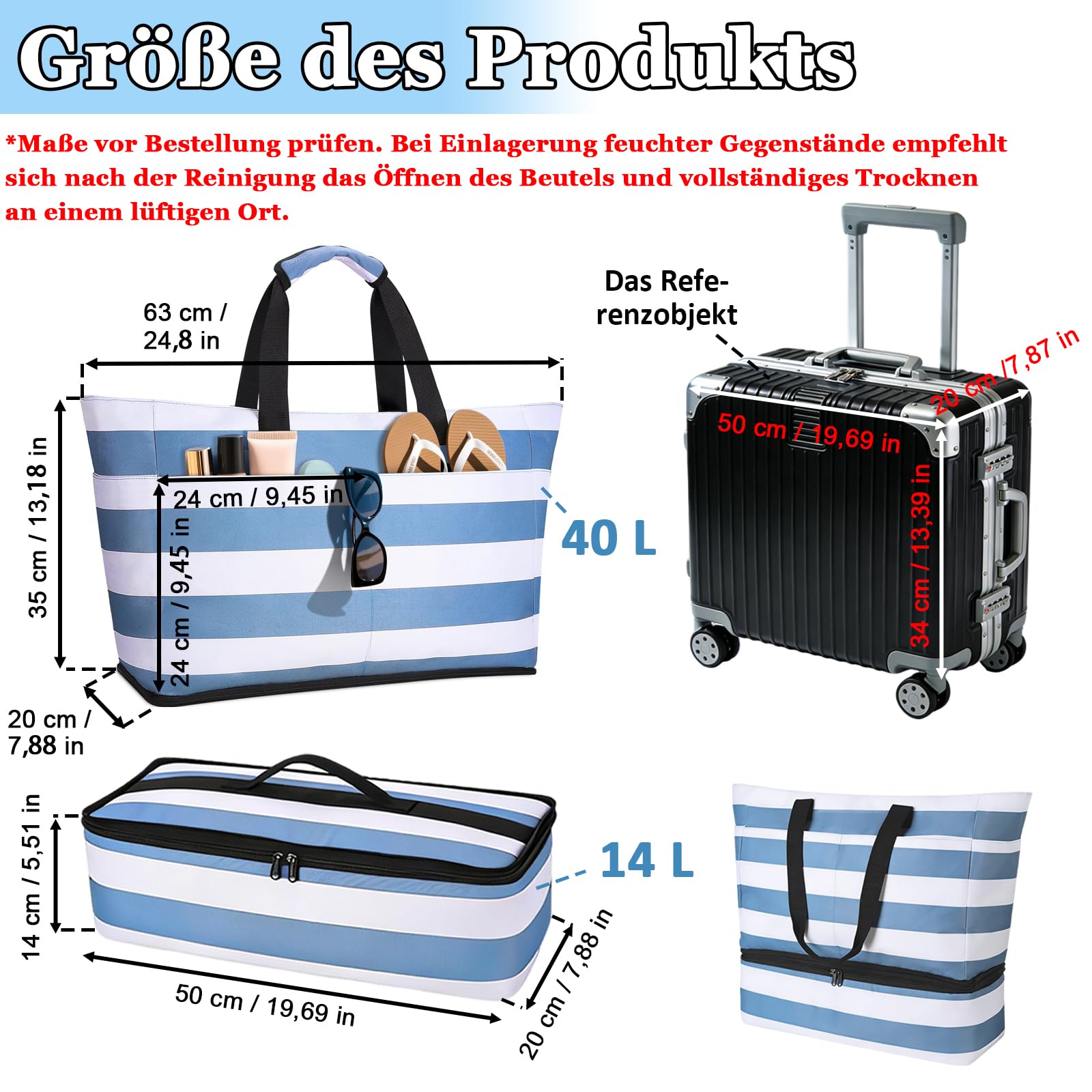 Strandtasche XXL Familie mit Kühltasche, 50 x 29 x 49cm, Große Badetasche Strandtasche, Badetasche mit Nassfach, Faltbare Wasserdicht Beach Bag, für Reisen, Fitness