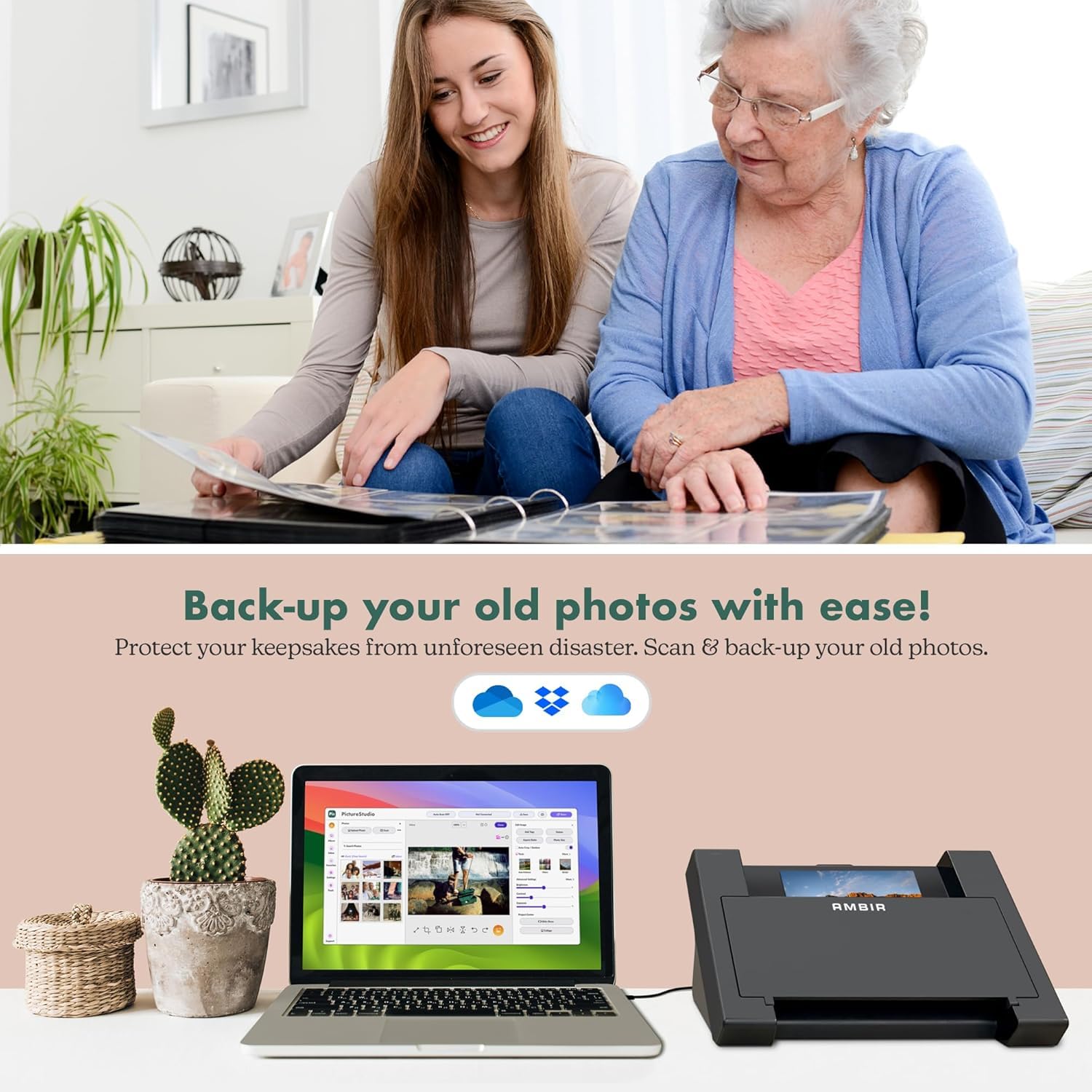 AMBIR Photo Scanner with Photo Cleaning Kit Bundle – Scan Photos in Seconds, Auto Crop & Deskew, 300/600 DPI High Resolution Scanning, Restore & Organize with Software, Mac & PC Compatible — view 2