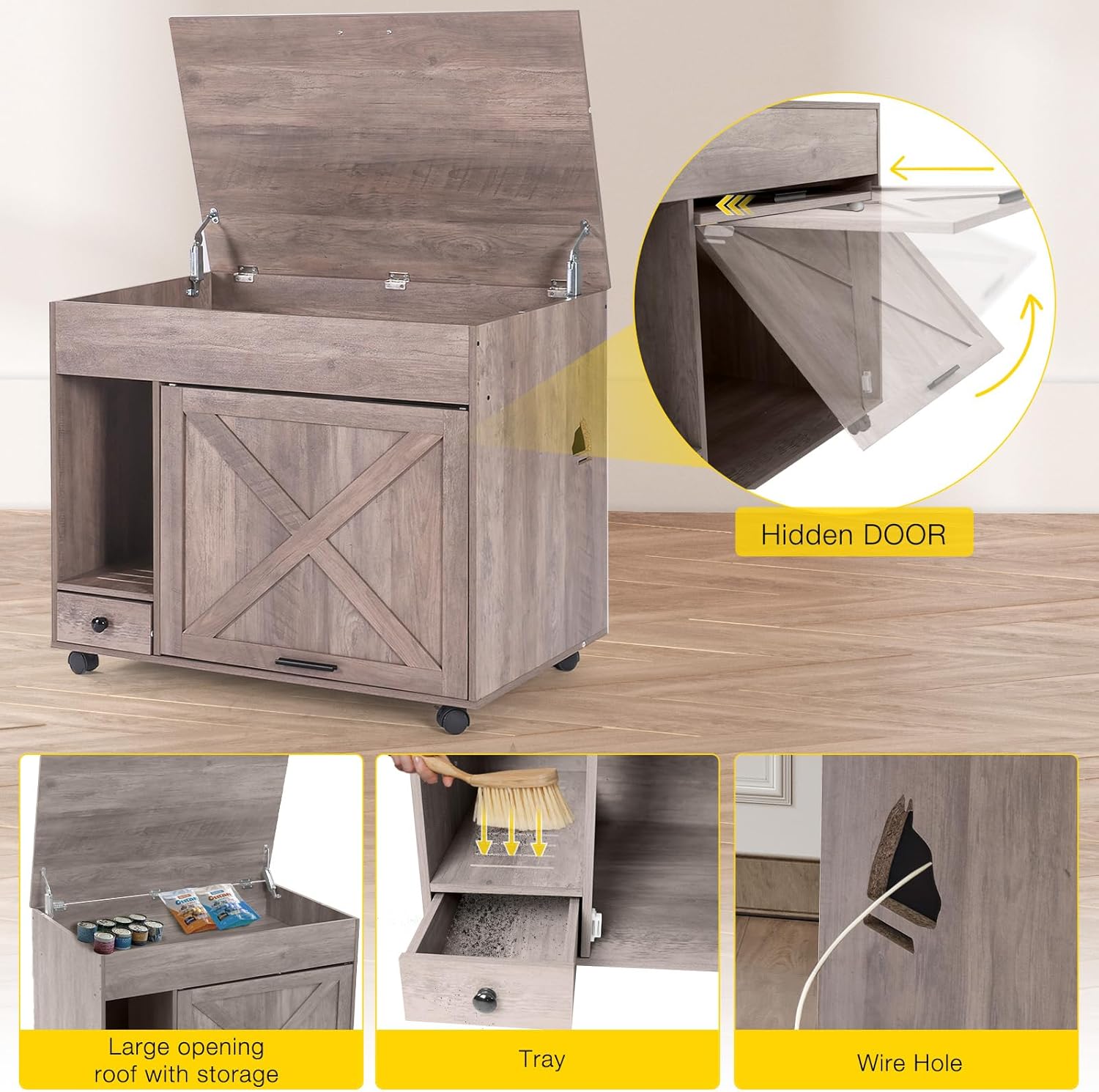 Cat Litter Box Enclosure Cabinet,Flip Top Hidden Litter Box Furniture,Indoor Wooden Covered Cat House with Drawer,Wheels