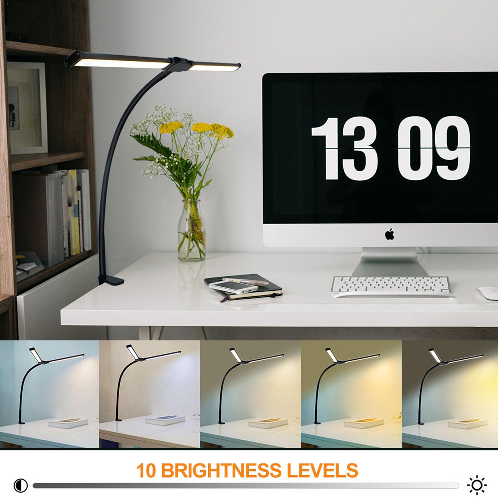 Lampada da Scrivania a LED per Ufficio, Casa, Luminosa Lampada da Scrivania a Doppia Testa con Dimmerabile Continuo in 3 Colori, Lampada a Collo di Cigno Flessibile,