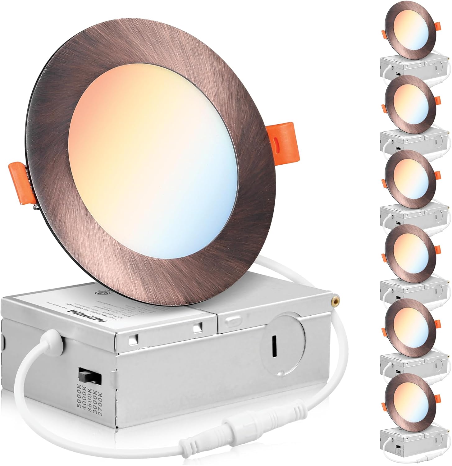 PARMIDA (6 Pack) 4 Inch 5CCT Ultra-Thin LED Recessed Lighting with J-Box, 2700K/3000K/3500K/4000K/5000K 5 Color Selectable, 9W, Dimmable, Canless Slim Panel Lights, ETL, Oil Rubbed Bronze Finish