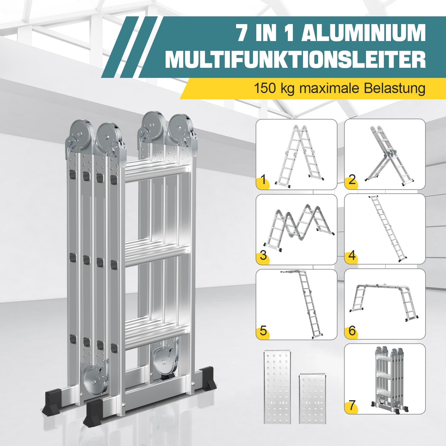 3.6M Aluminium Mehrzweckleiter 4x3 Stufen,Multifunktionsleiter mit plattform, Alu Leiter mit 2 Gerüstplatten, Klappleiter 16 Stufen, Trittleiter bis 150 kg, Haushaltsleiter Silber