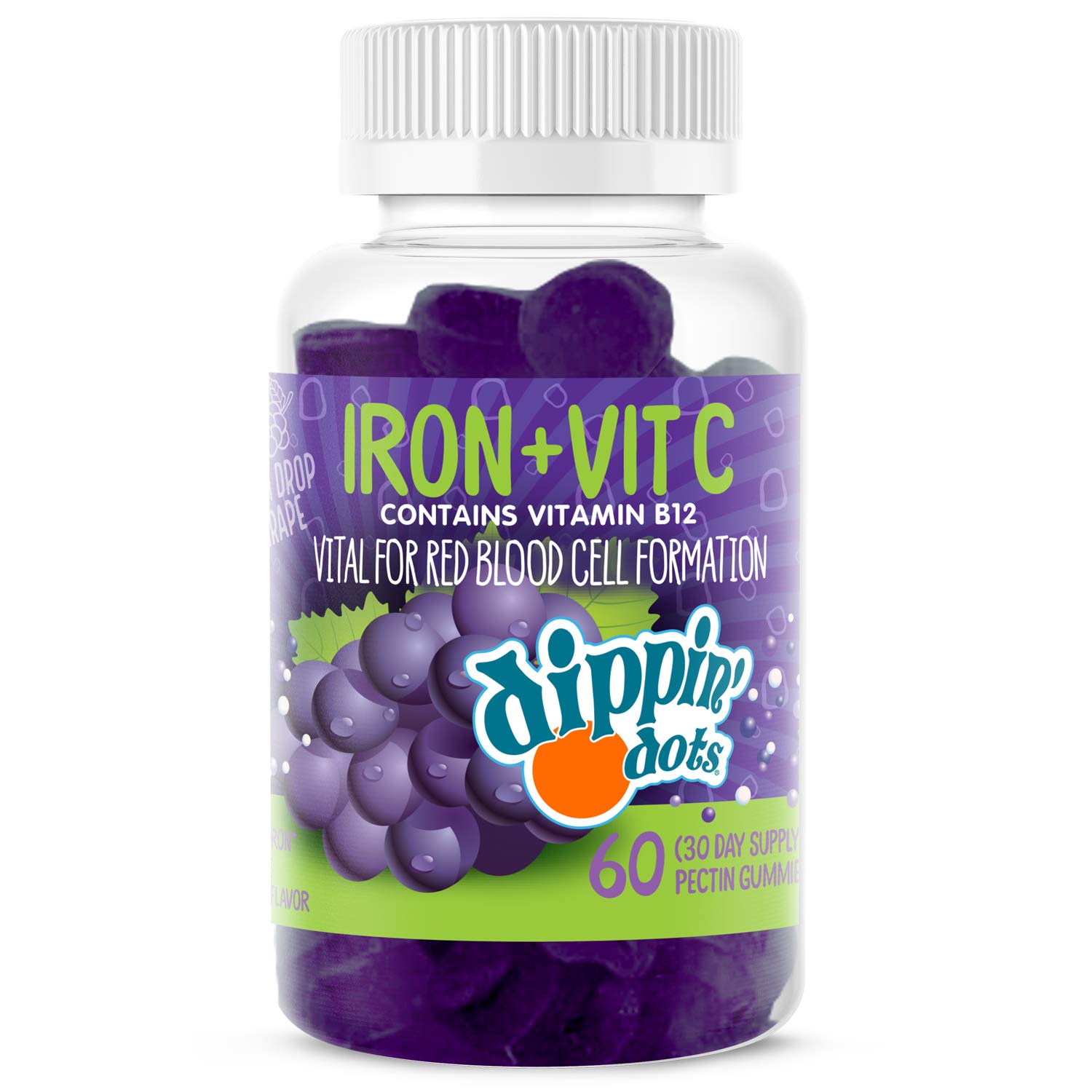 Iron with Vitamin C & B12 Gummies (60 Count) Vital for Red Blood Cell Formation | Gum Drop Grape Real Pectin Fruit Chew Supplements | Vegan, Non-GMO, Gluten Free & Gelatin Free