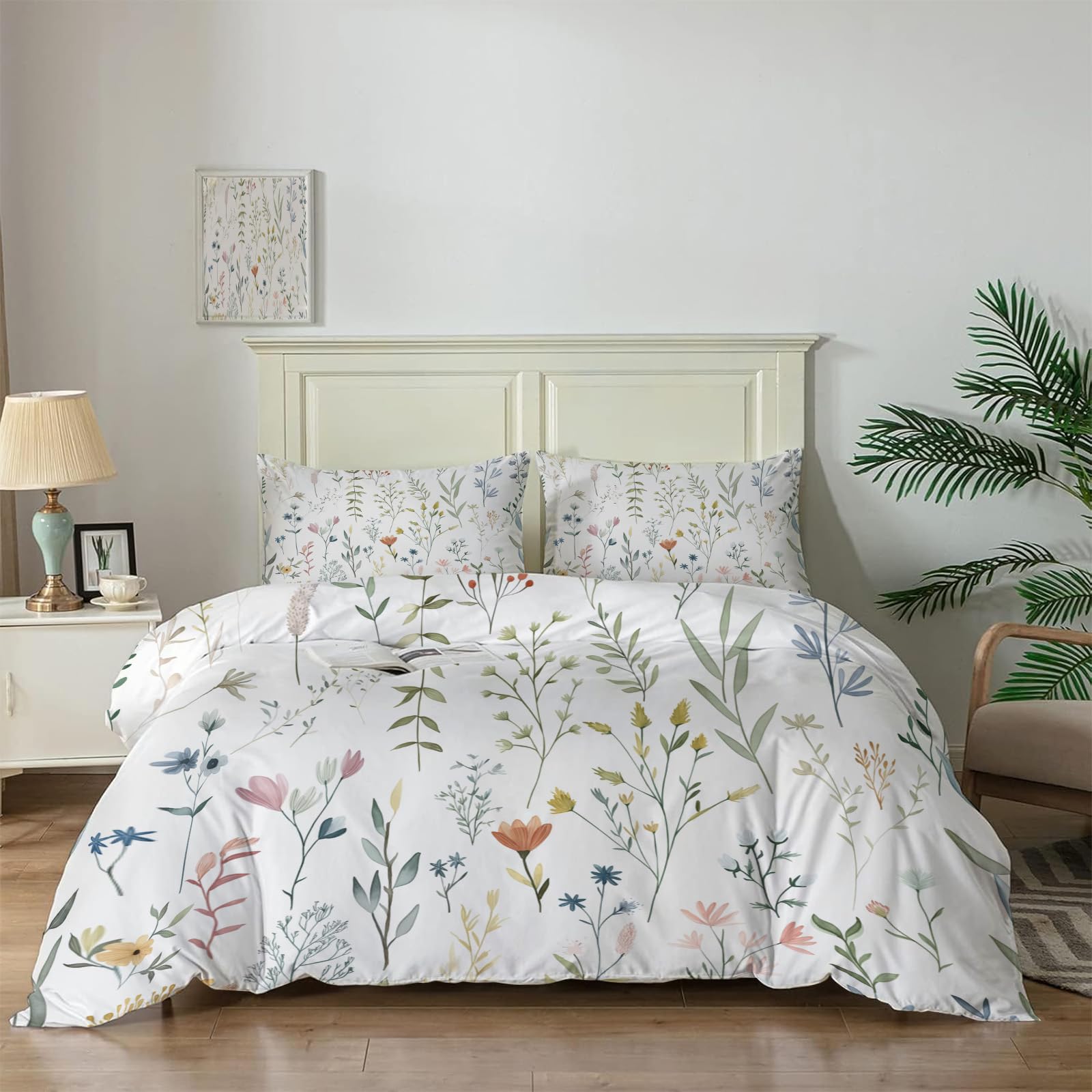 Housse de couette fleurs vertes douce et légère parure de lit 3 pièces