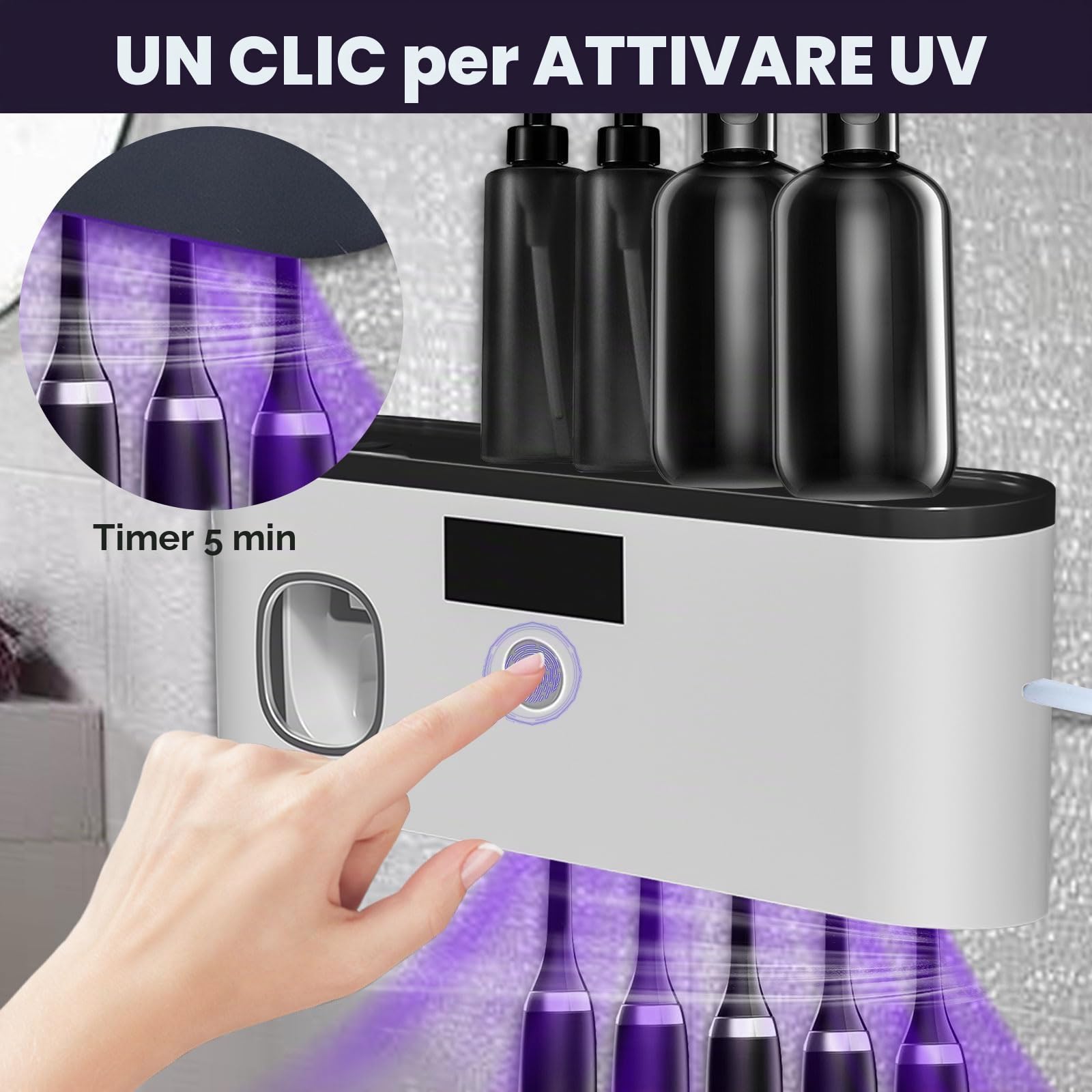 Spazzolino Igienizzante UV per 5 Slot, Porta Spazzolino Elettrico da Parete con Dispenser Dentifricio, Ricaricabile USB Sterilizzatore Portaspazzolino UV con Timer Porta Spazzolini Muro (Nero Grigio)