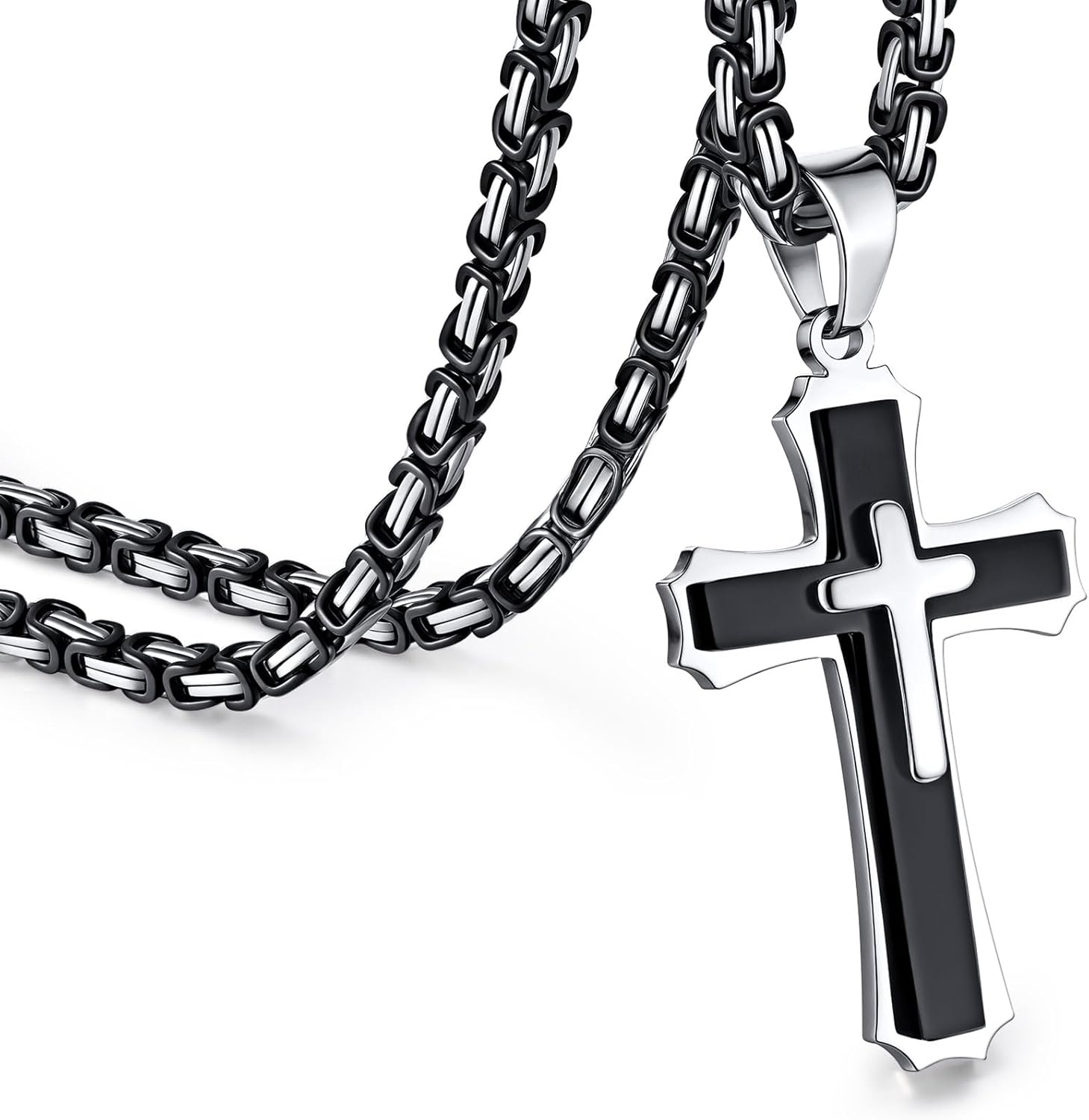 FLHEART Byzantine Cross Necklace for Men, Black Silver Stainless Steel Cross Chain Pendant Necklace Masculine Chunky Sturdy Mens Christian Jewelry Gift 22/24 Inch