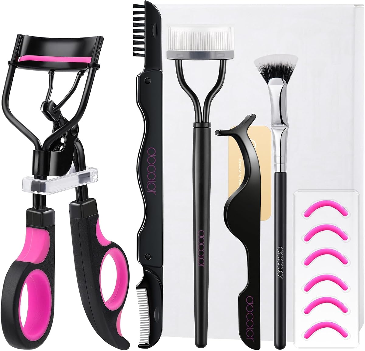 Kit de rizador de pestañas, kit de rizador de pestañas 5 en 1, pinzas de extensión de pestañas, cepillo de pestañas, cepillo de cejas y peine con 6 almohadillas de repuesto adicionales, aplicador de pestañas, herramienta de maquillaje