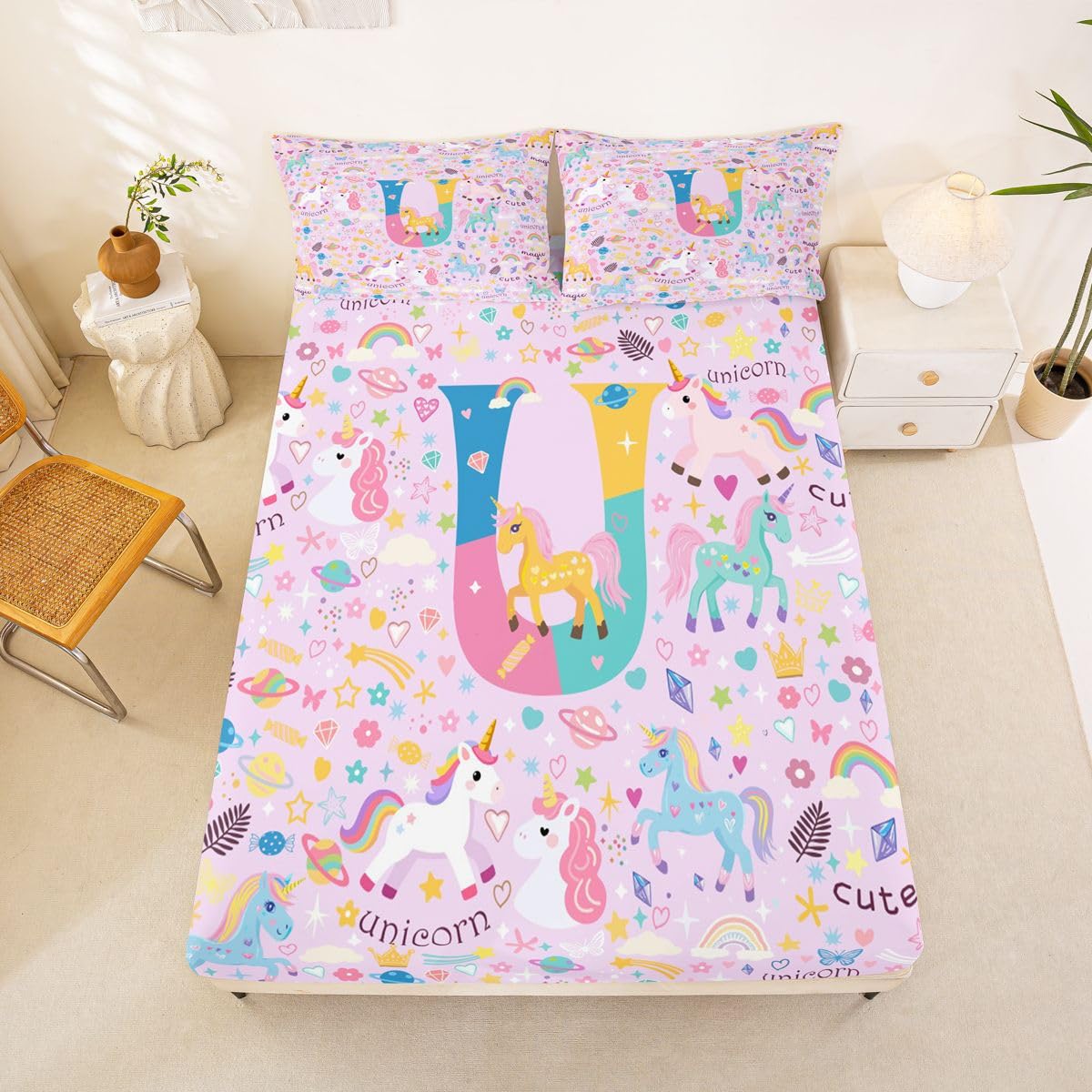 Homewish Fioletowy monogram jednorożec zestaw pościeli podwójny uroczy kawaii jednorożec tęcza prześcieradła Costom litera U zestaw prześcieradeł - marzycielski kwiat dopasowane górne prześcieradła 4