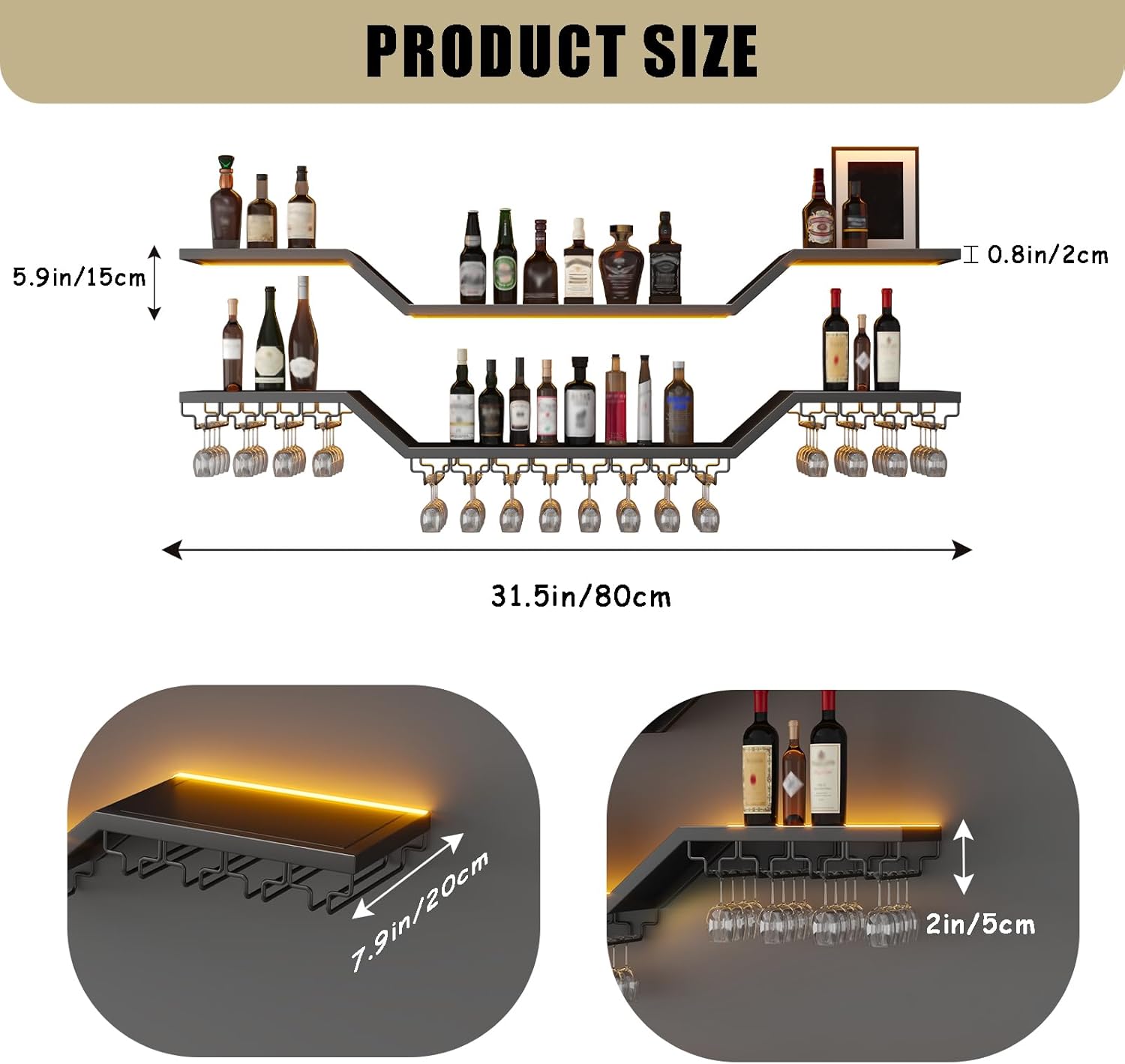31.5in Modern LED Wine Rack Wall Mounted, 3-Tier Floating Bar Shelves with Wine Glass Rack, Large Hanging Liquor Shelf Wall Mounted, for Home Bar Dining Room Cafe Decorative (Black, 31.5in/80cm) Black 31.5in/80cm
