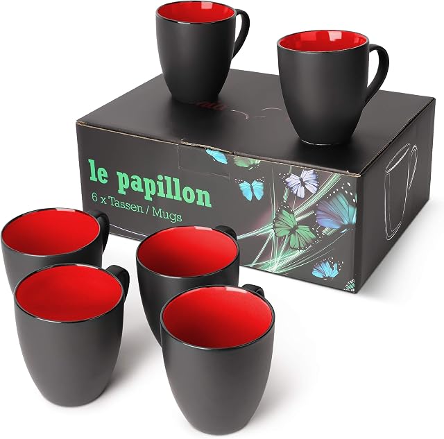 MIAMIO - 6 x 350 ml Stoneware Coffee Mug / Cup Set - Le Papillon Collection (Black-Red)