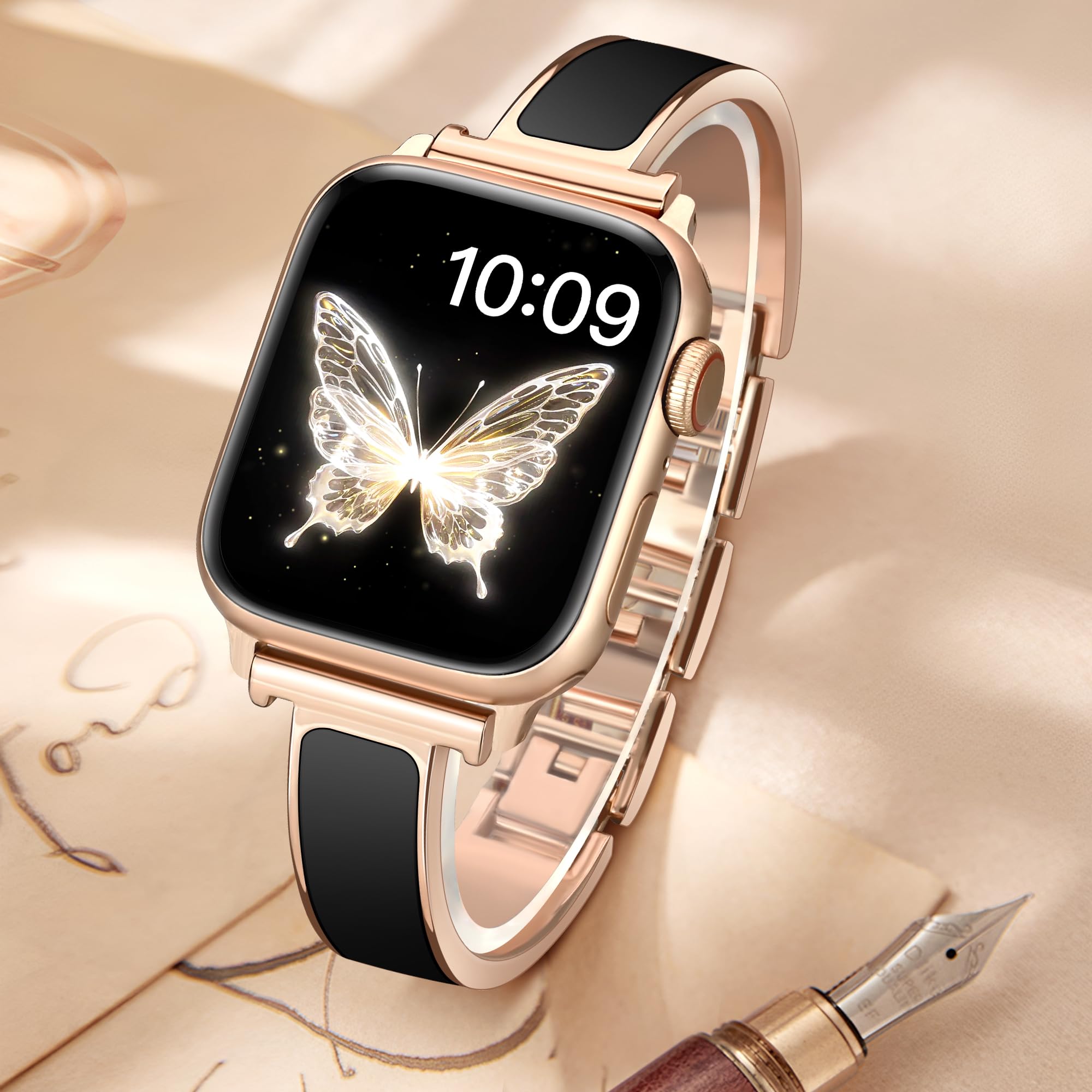 Pleixiu Slim Rubberized Fashion Bracelet Compatible with Apple Watch Bands for Women 38mm 40mm 41mm 42mm 44mm 45mm 46mm, Dressy Metal Wristband for