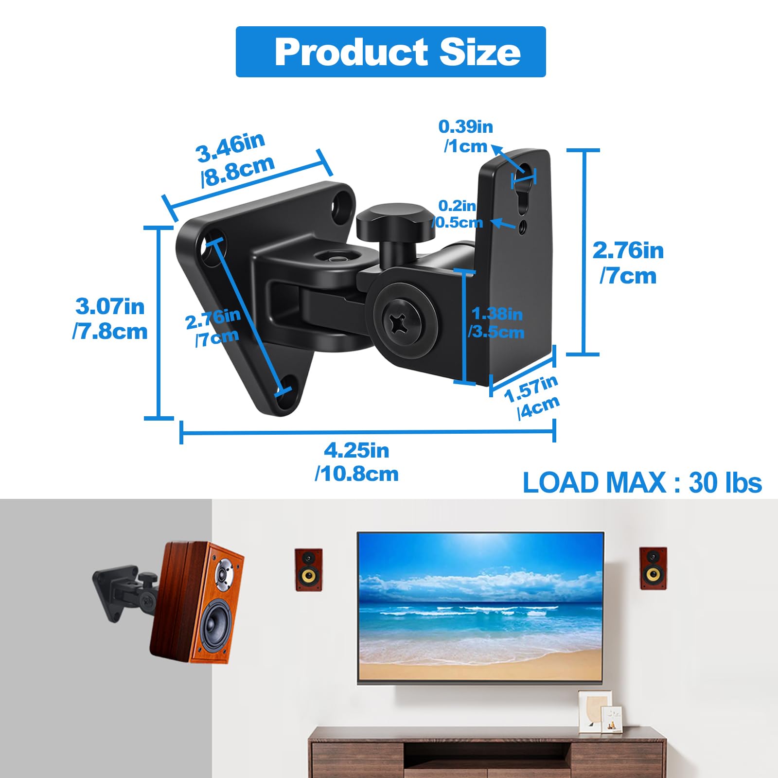 Soporte de Pared para Altavoces, Giratorio e inclinable, Soporte de Pared Totalmente de Aluminio para Altavoces pequeños, soporta hasta 30 Libras, HD-818, 2 Unidades (Negro)
