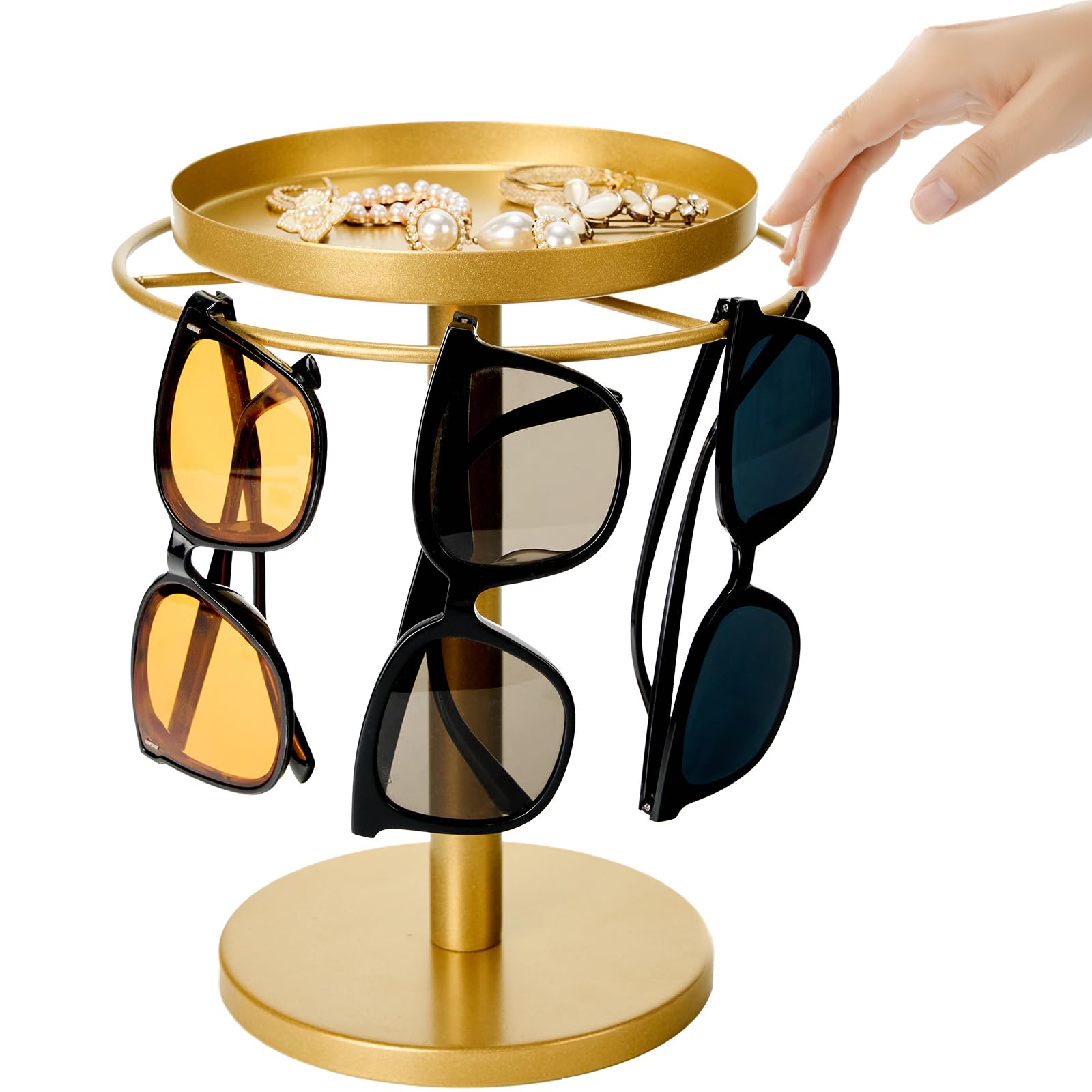 MoyRetty 360° Rotating Sunglasses Organizer - Stainless Steel Glasses Holder Stand with Jewelry Tray, Home Decor for Desk, Dresser & Nightstand(Gold)