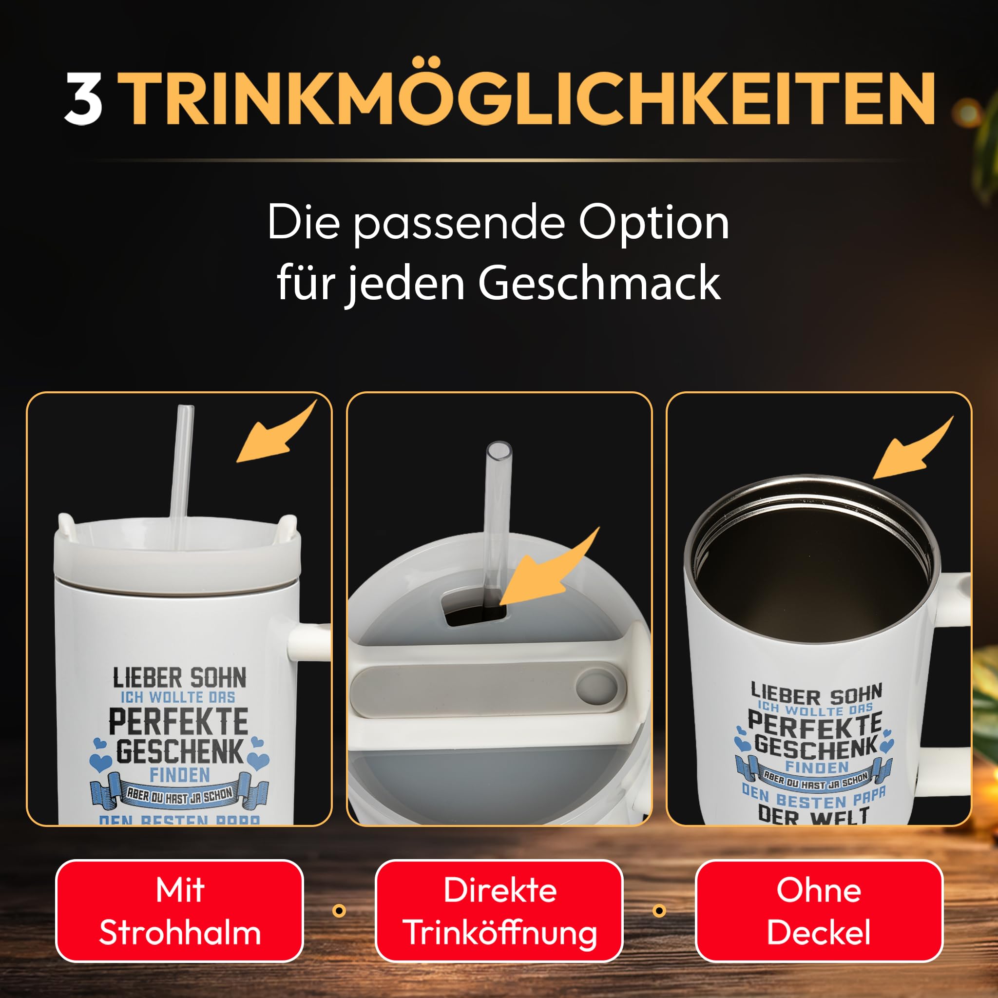XXL Thermobecher für Sohn – Geschenk zum Geburtstag & Weihnachten – Edelstahl Trinkflasche, Weiß mit Lustigem Spruch vom Papa (WIEDERVERWENDBAR)
