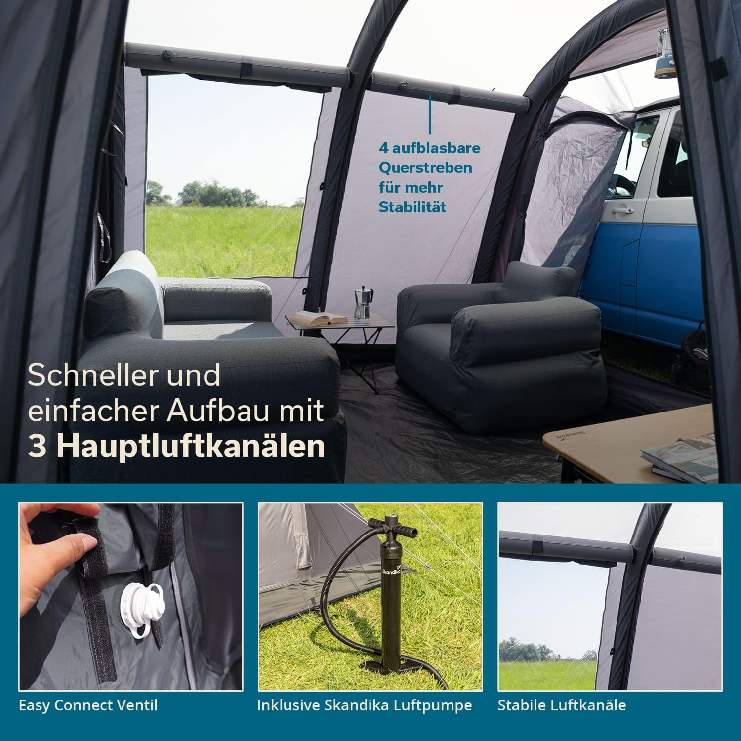 Skandika Busvorzelt Vejers/Esbjerg | Vorzelt aufblasbar, freistehend, 2 m Stehhöhe, wasserfest, 3000 mm Wassersäule, Tunnelzelt, Buszelt, Luftzelt, Luftvorzelt | Zelt für Auto Bus Van Bulli