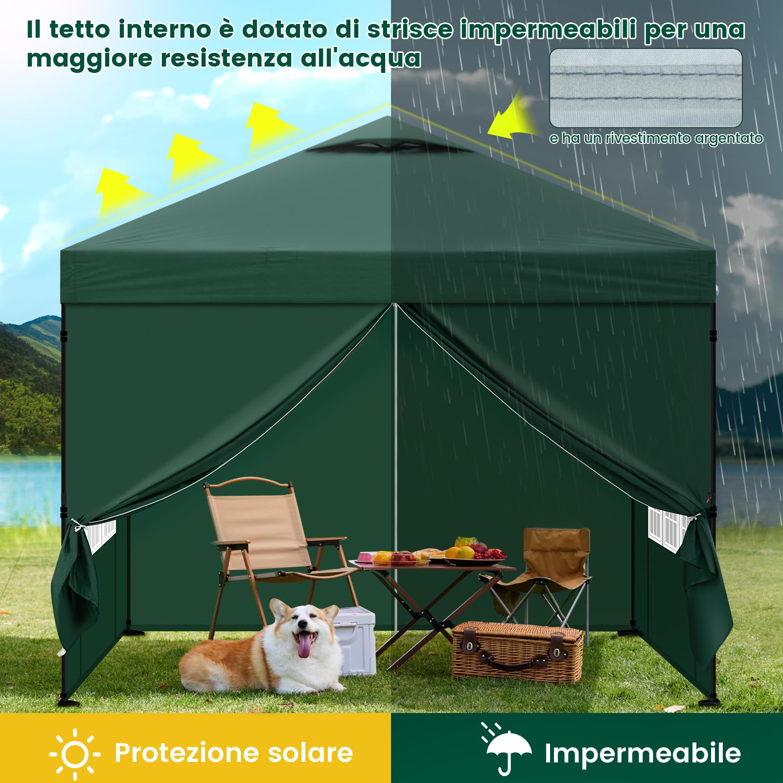 Laneetal Gazebo 3x3 Pieghevole Impermeabile, Pergolato da Giardino, Gazebo da Esterni, con Pareti Laterali Rimovibili, Protezione dal Sole, per Feste e Campeggio, Borsa per il Trasporto, verde
