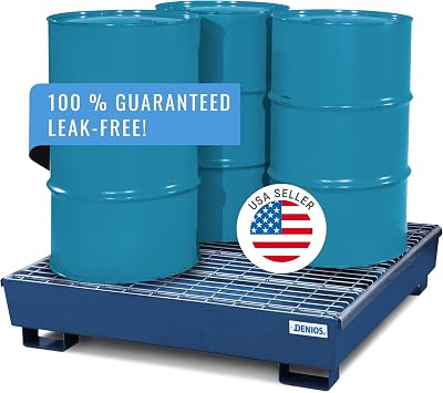 DENIOS Spill Containment Pallet for 4 Drums - Chemical & Drum Spill Containment - 66 gal Sump, 49"x49"x10" Removable Grating, Forklift Access, Painted Steel - Industrial Spill Containment Solution