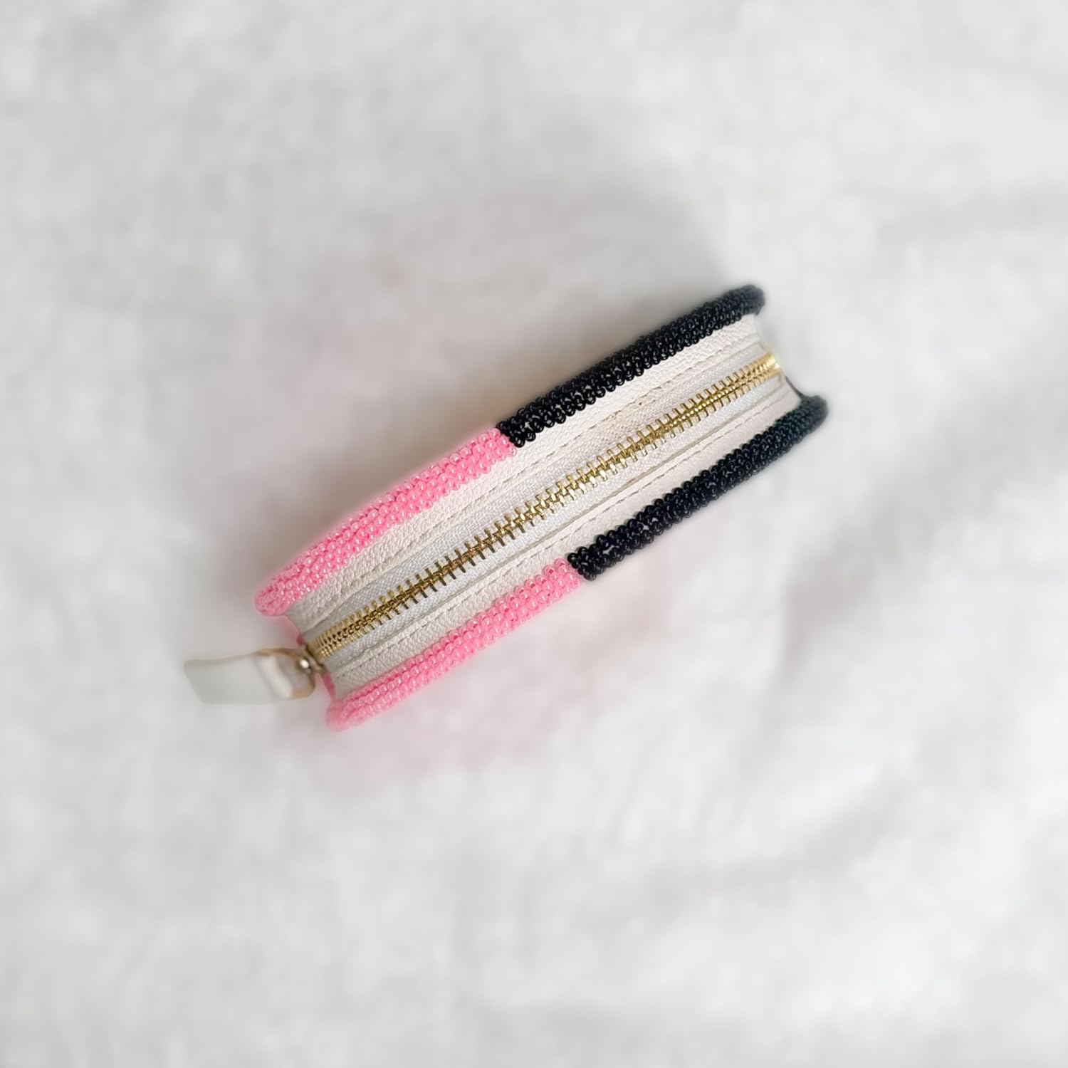 Handmade Beaded Coin Purse Women Pink/Black - Small Mini Wallet Zipper Pouch Native American - Czech Glass Seed Beads Leather Change Purse Cute Vintage Boho Gift Wristlet Travel Compact