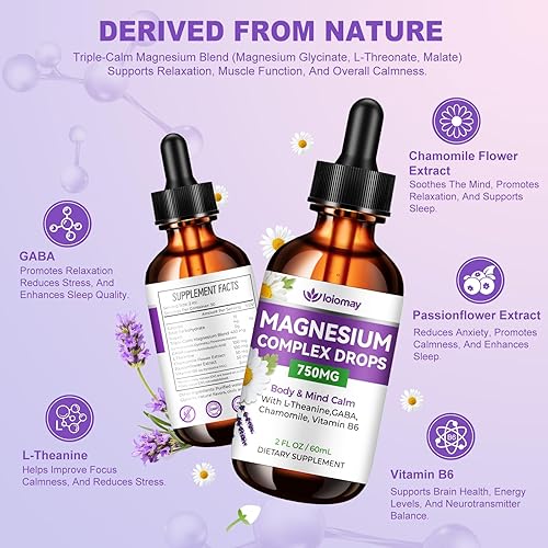 Miniatura 4 de Gotas líquidas de glicinato de magnesio para mujeres y hombres, suplemento de complejo de magnesio triple calma con L-treonato, malato, L-teanina