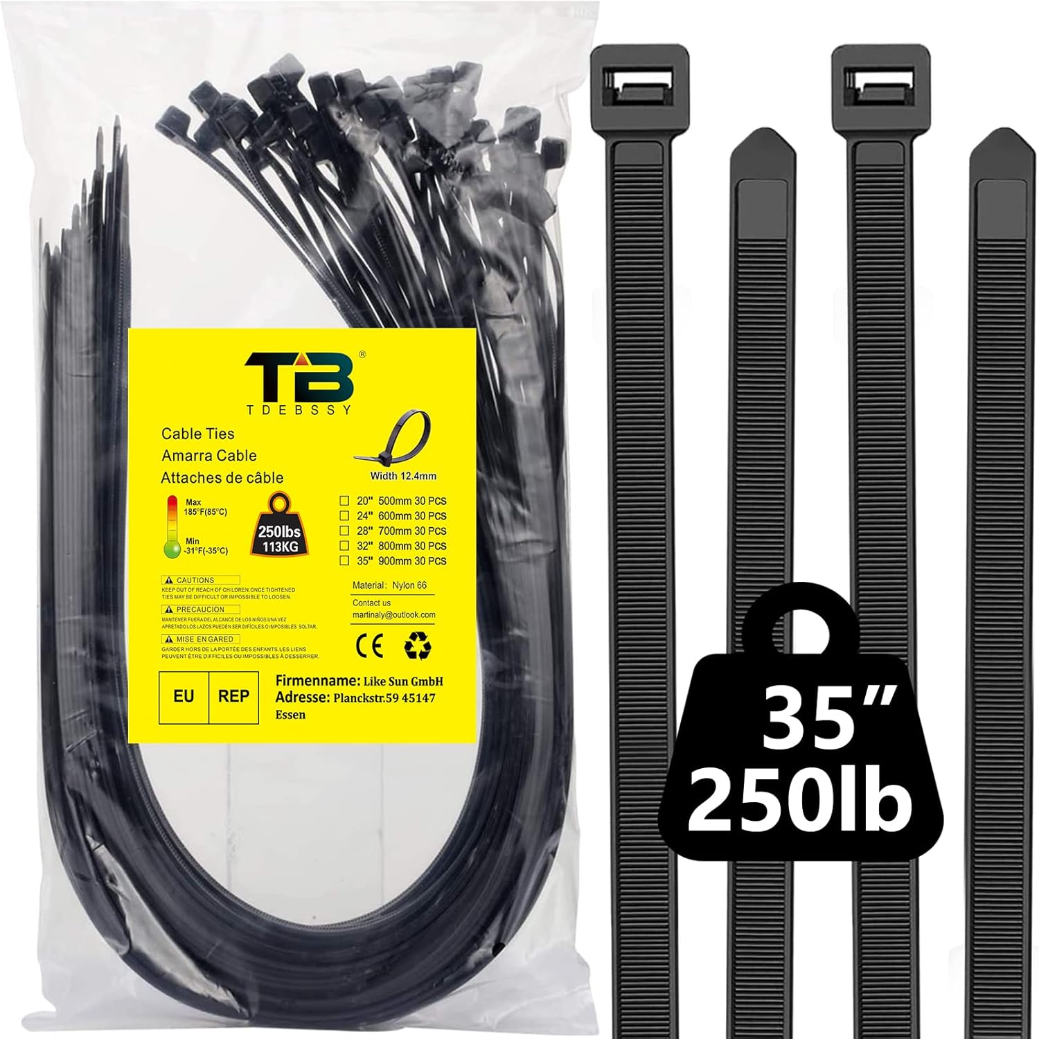 30pcs Zip Ties Heavy Duty, 250lbs Large Thick Black Cable