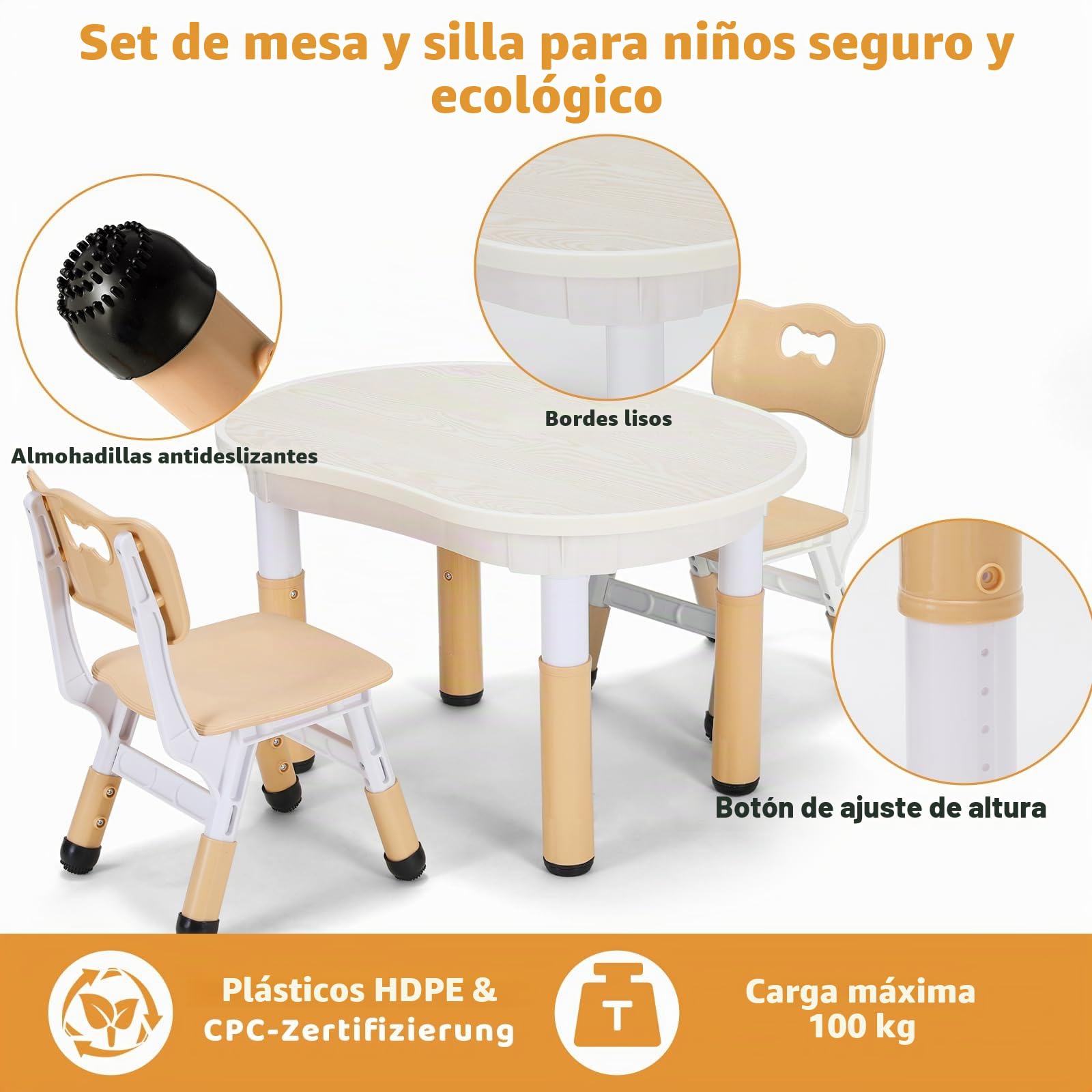 Mesa Infantil con 2 Sillas, Mesa y Sillas Infantiles con Forma de Cacahuete, Altura Ajustable, Mesa de Pintura para Niños, Juego de Mesa y Silla Infantil para Guardería y Jardín de Infancia, Amarillo