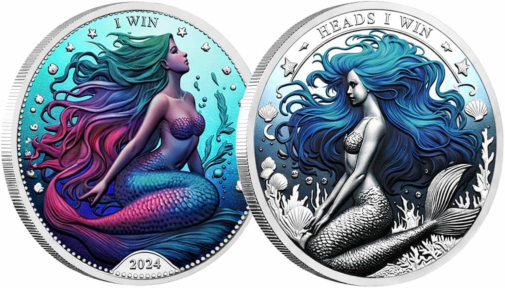 2pc/Box Exquisite Mermaid Decision Coin Head You Win, Tail You Lose Metal Challenge Coin Collection with Certificate Gift Box (Silvery)