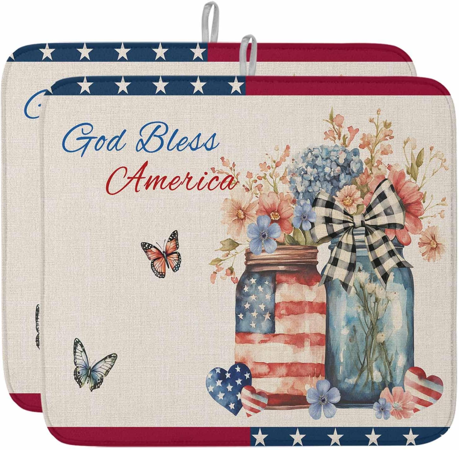 Dish Drying Mat Set of 2 Flag Day Butterfly Microfiber Absorbent Reusable Washable Dish Drying Rack Mat Vintage Flower Vase Coffee Mat for Coffee Maker Bar Kitchen Countertops 18x24inch
