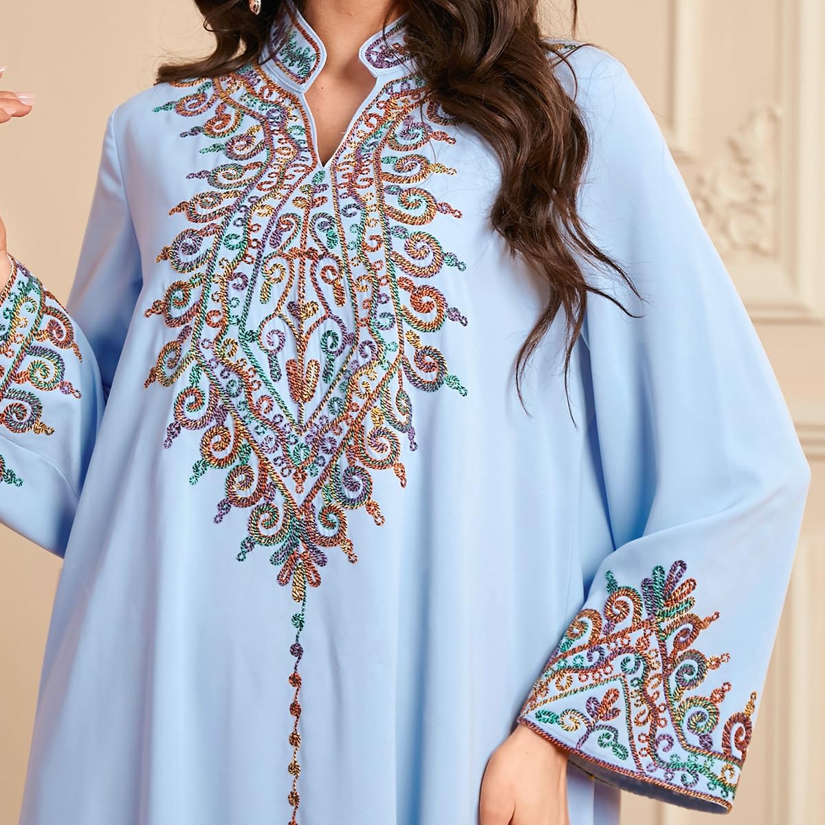 OBEEII Abayas for Women Muslim Applique Embroidery Long Sleeve Maxi Dress Loose Full Cover Islamic Dubai Robe Kaftan Abayas - Image 6