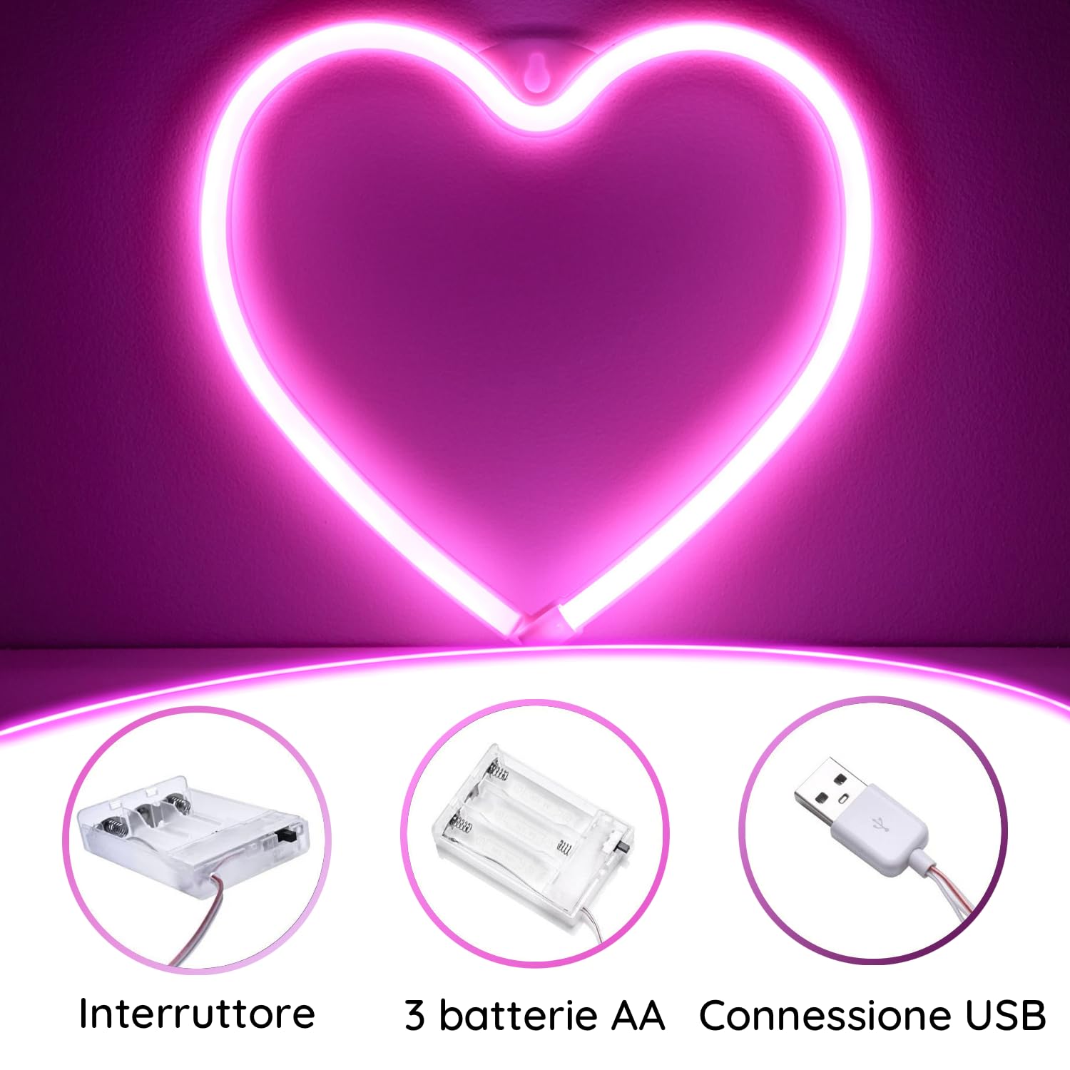 Confezione Da 2 Insegne Al Neon A Forma Di Cuore Rosa - Luci LED A Batteria O USB - 20x20 Cm