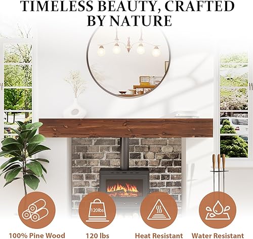 Miniatura 43 de Mantel de chimenea de 60 pulgadas, estante de mantel hecho a mano para sobre chimenea, mantel de madera con soporte invisible resistente, estantes