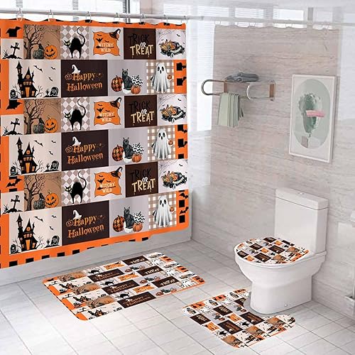 Miniatura 10 de Juego de 4 cortinas de ducha de Halloween con alfombras, divertida cortina de ducha fantasma, cortina de ducha rosa de tela impermeable, cara Rosa