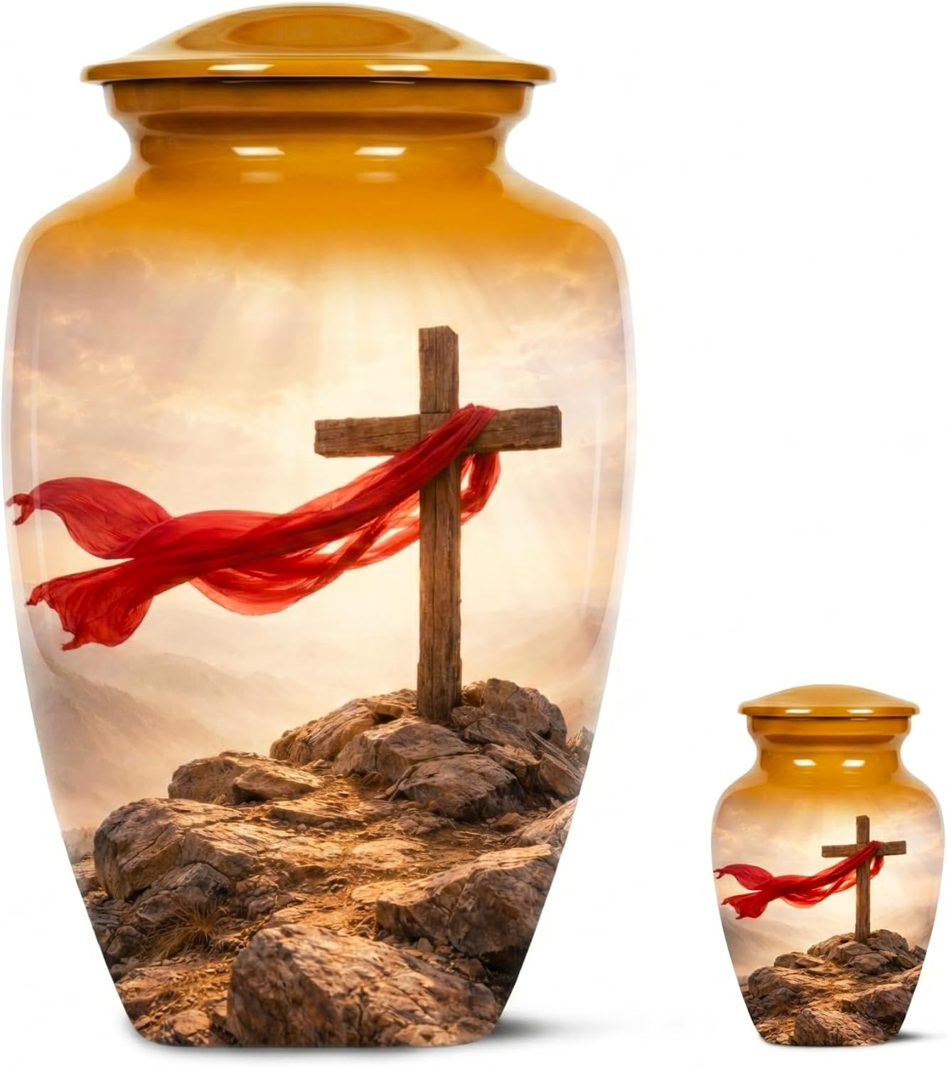 Christian Cross Cremation Urn for Human Ashes, Memorial Funeral Urn for Adult with 2 Keepsake - Set of 3