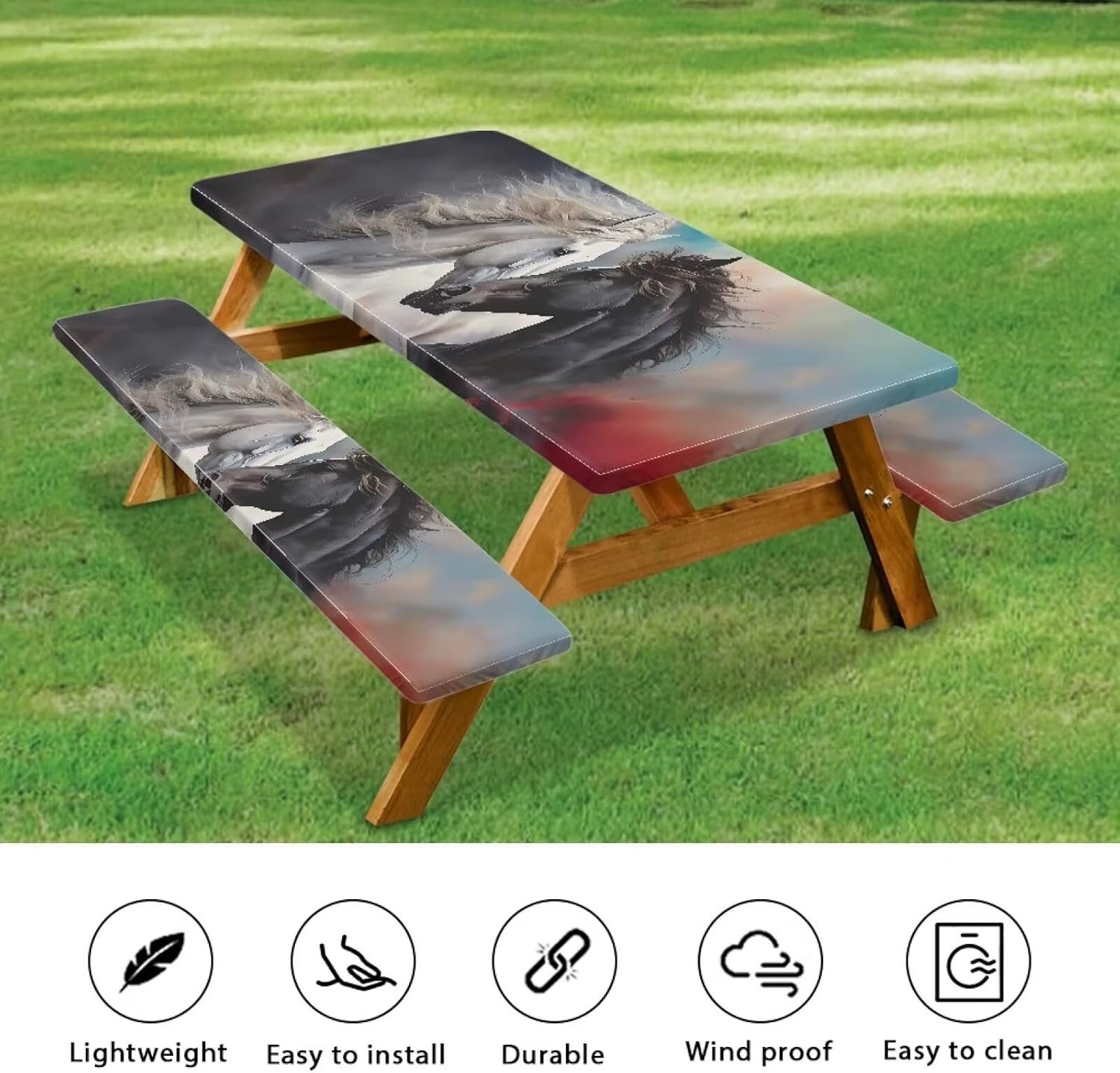 Horse Print Picnic Table Cover with Bench Covers Summer Farmhouse Outdoor Camping Essentials Tablecloth for Outdoor BBQ Holiday