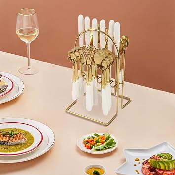 24 Pcs Cutlery Set, Stainless Steel Cutlery Set with Storage Stand, Utensil Set Service for 6 People, Ceramic Handle, Mirror Polishing, for Kitchen Restaurants Hotels (Gold+White)