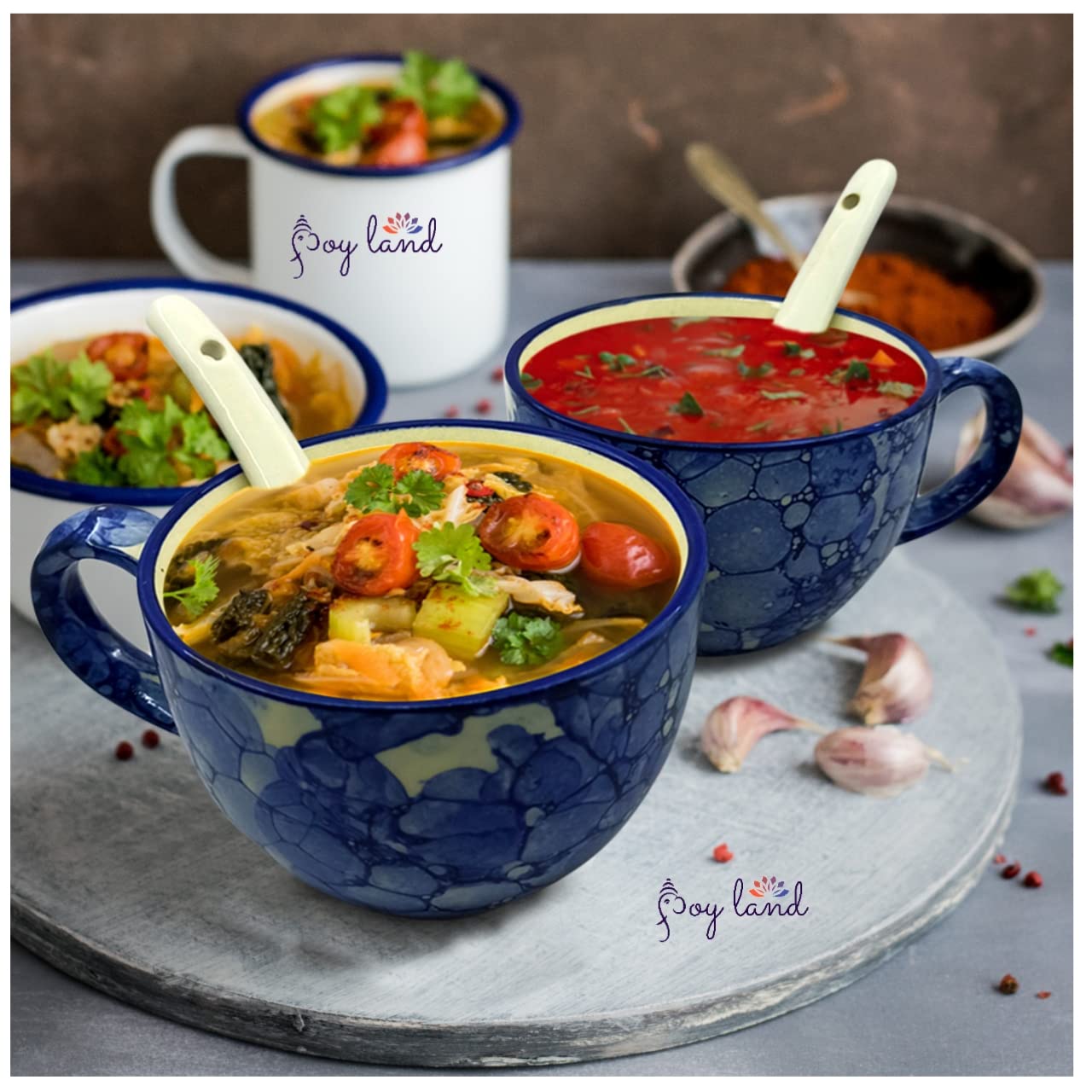 JOY LAND Handmade Ceramic Handled Floral Soup Bowl/Cup Set with White