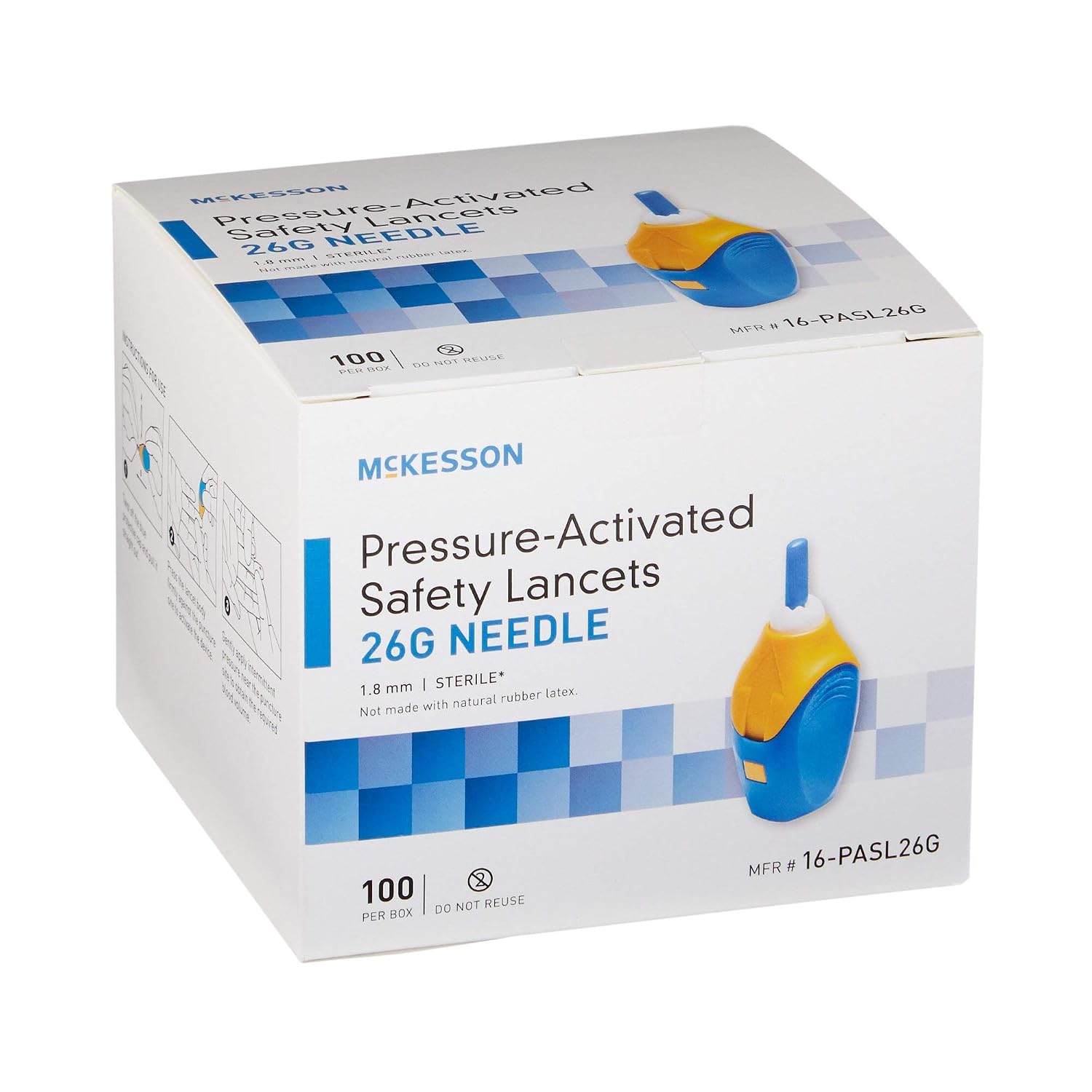McKesson 16-PASL26G SAFETY Lancet Fixed Depth Lancet Needle 1.8 mm Depth 26 Gauge Pressure Activated (Pack of 100),Blue