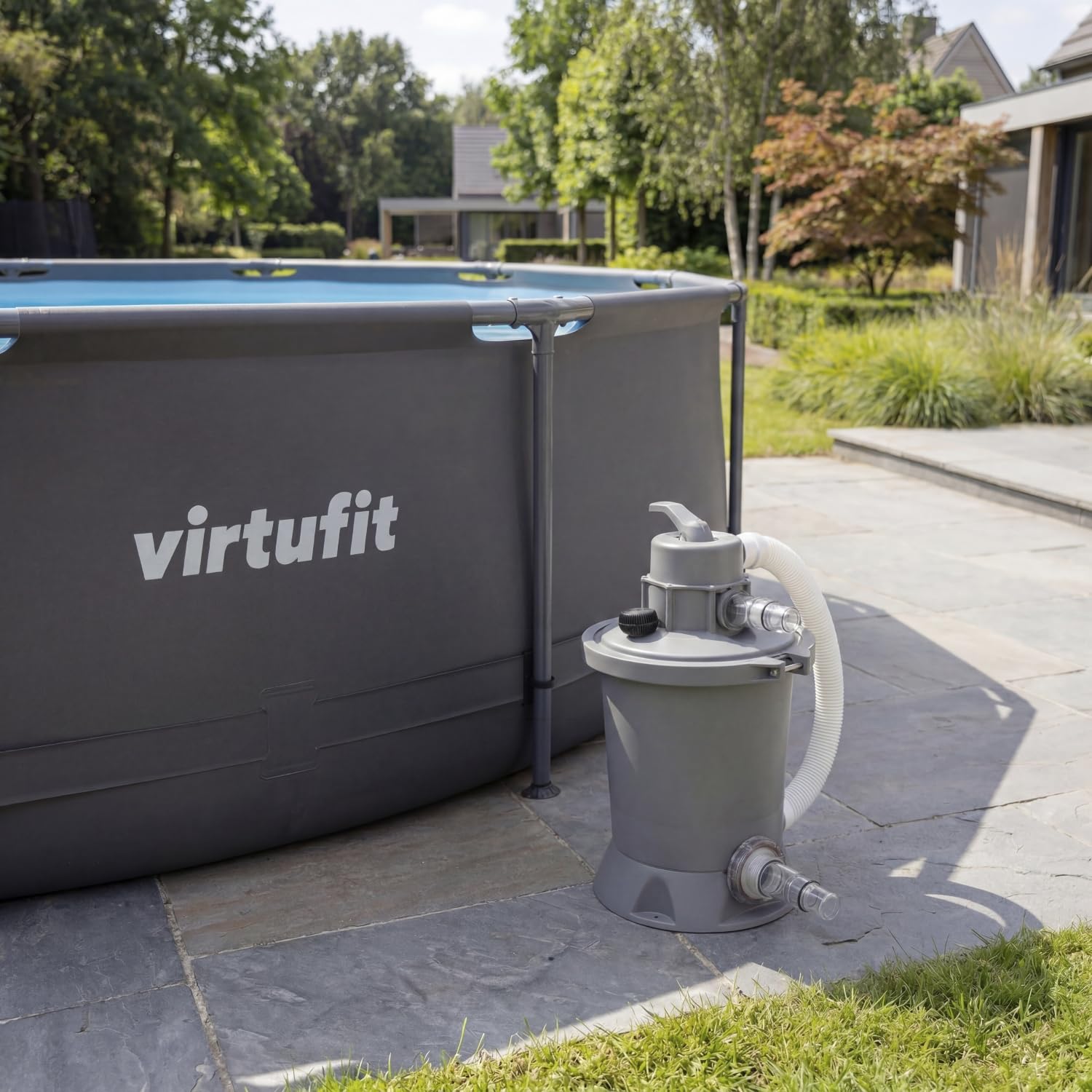 VirtuFit Filtro de arena 800 GPH (3028 L/h) – Bomba de filtro para piscina de 32 mm de diámetro, conexión para piscina elevada, con válvula multidireccional y función de lavado posterior, purificación