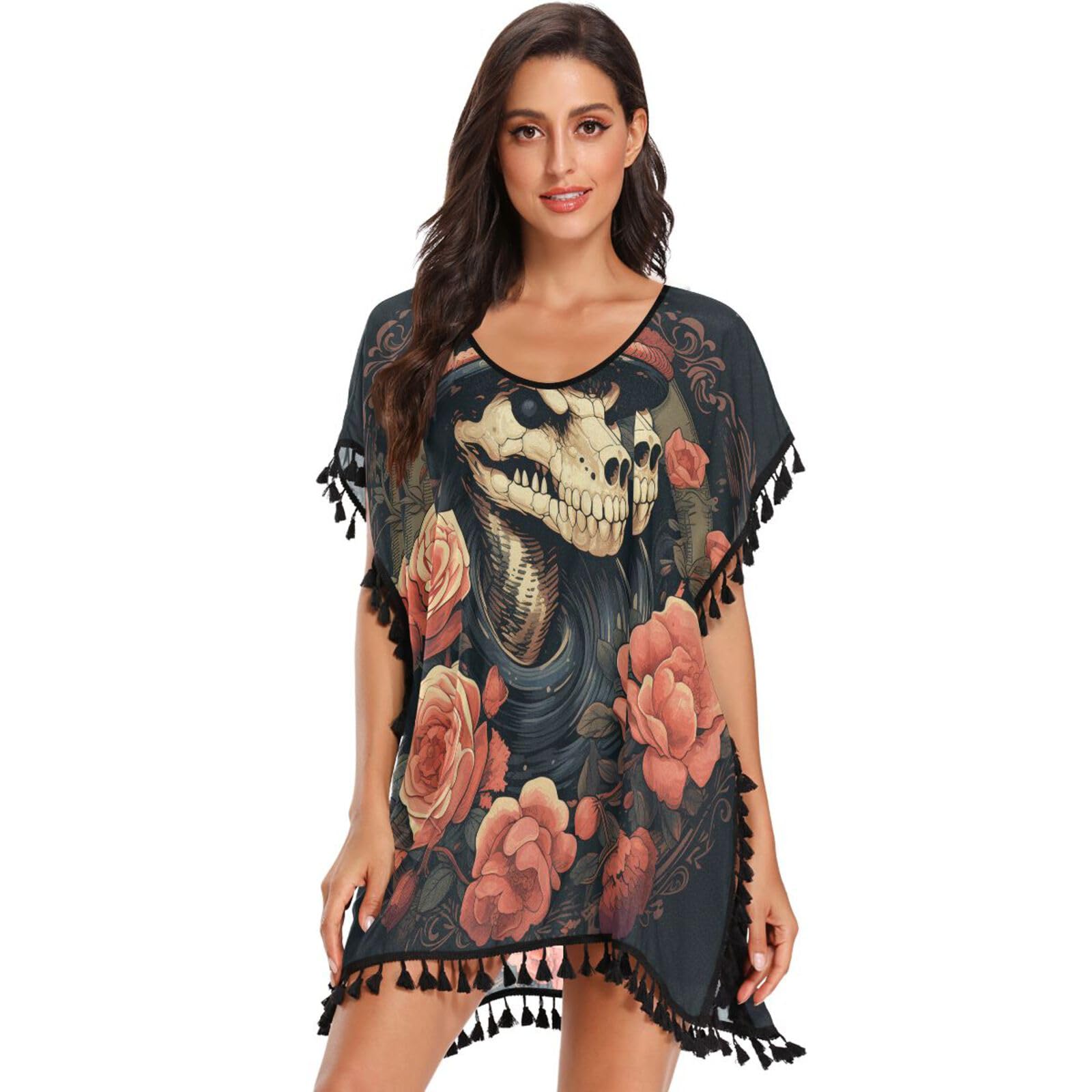Black Skull Snake Pink Rose Women's Beach Cover Up Chiffon Tassel Swimwear Swimsuit Coverups for Girl