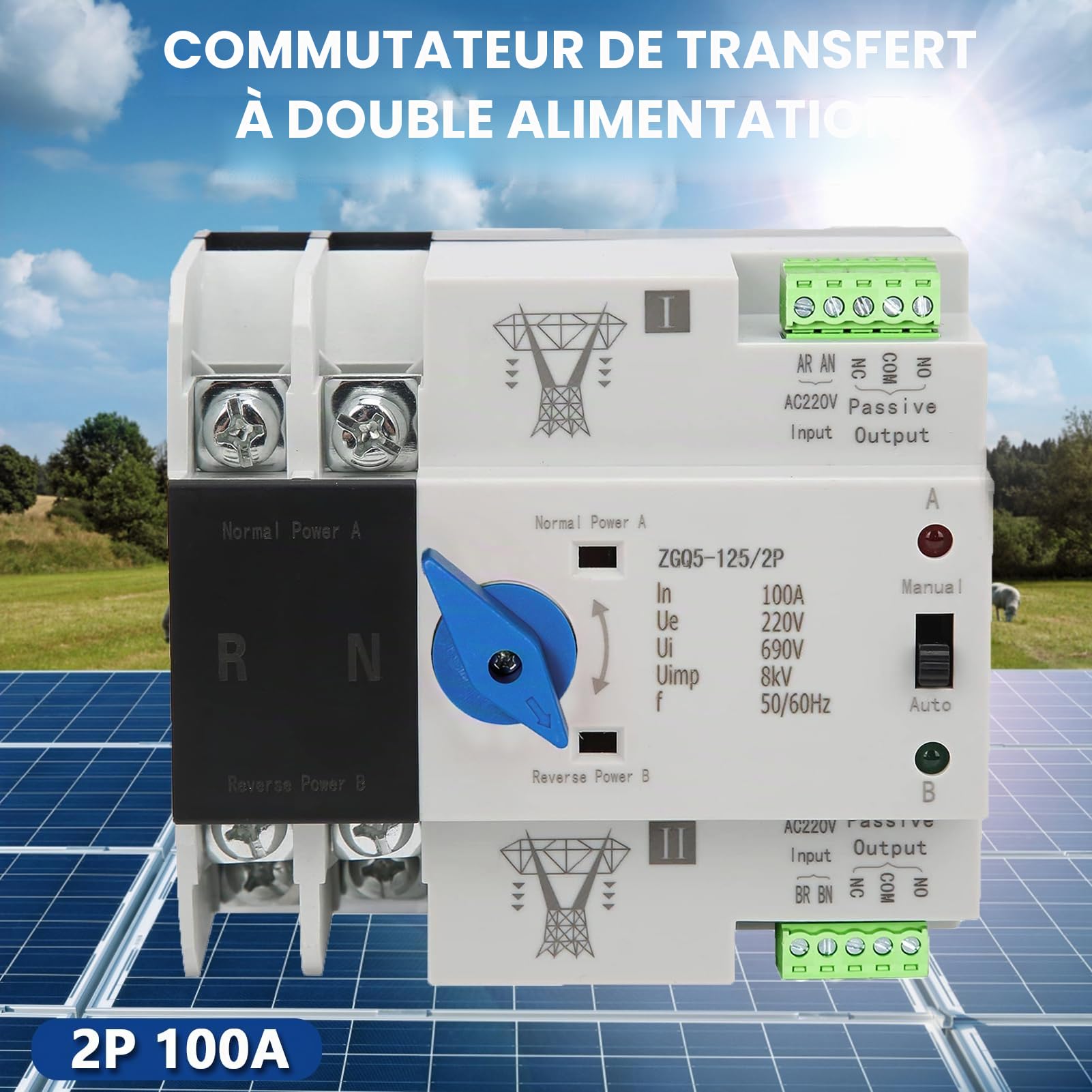 ATS 2P 63A,Interrupteur de Transfert Automatique ATS PhotovoltaïQue 220V 100A 2P Automatique, Interrupteur à Double Transference,Pour Panneau Solaire et éLectricité