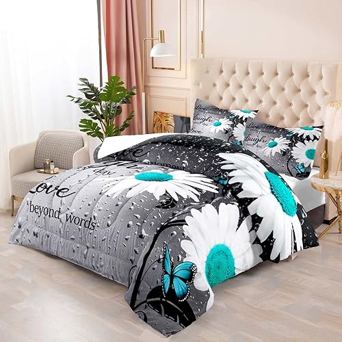 Miniatura 3 de LUVIVIHOME Juego de edredón de 3 piezas de margaritas blancas tamaño King, ropa de cama floral de mariposa turquesa, turquesa y turquesa, decoración