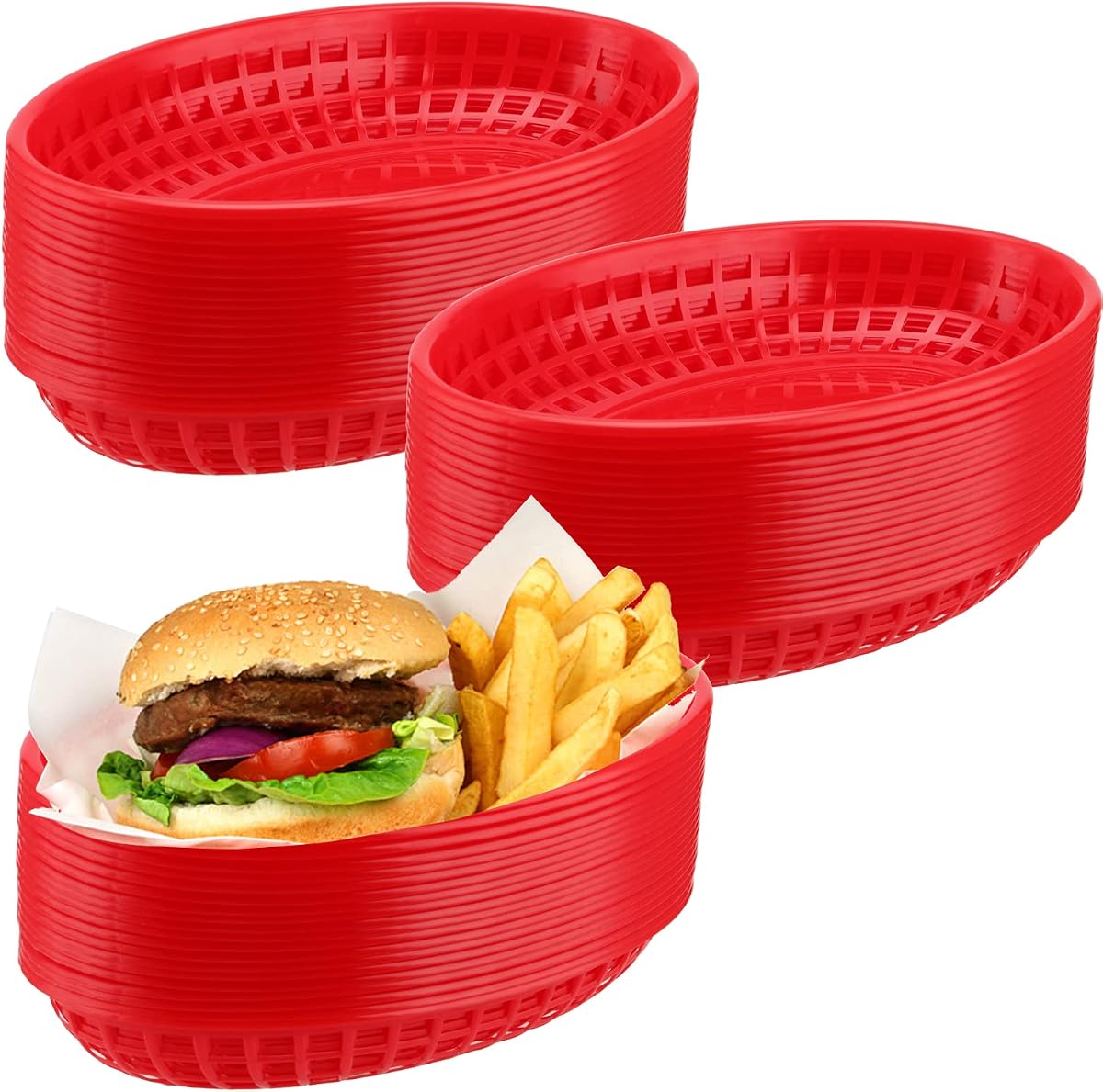 Paquete de 60 cestas ovaladas de plástico rojo para comida rápida, 9x5,7x1,6 pulgadas, perfectas para picnic, servicio de delicatessen, pollo, hamburguesas y patatas fritas