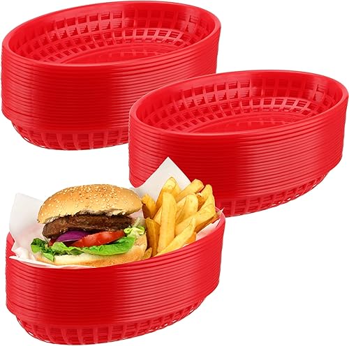 Paquete de 60 cestas ovaladas de plástico rojo para comida rápida, 9 x 5.7 x 1.6 pulgadas, perfectas para picnic, servir delicatessen, pollo,