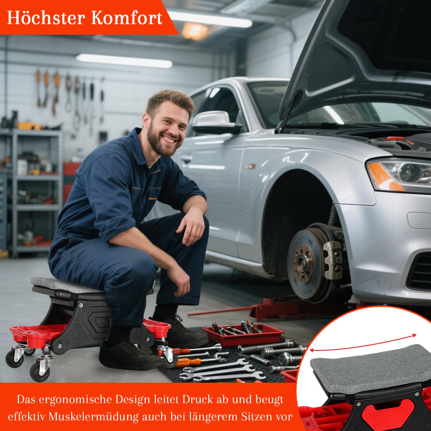Werkstatthocker Rollhocker Arbeitshocke, Werkstatt Rollsitz 185kg Belastbar, mit Aufbewahrungstrays, abnehmbaren Sitzkissen und verriegelbaren Rollen