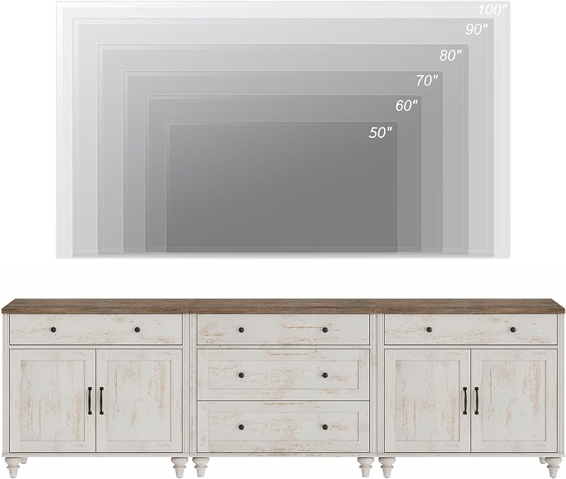 WAMPAT 3-in-1 TV Stand for 100 Inch TV with Drawers & Doors, Rustic White image 4