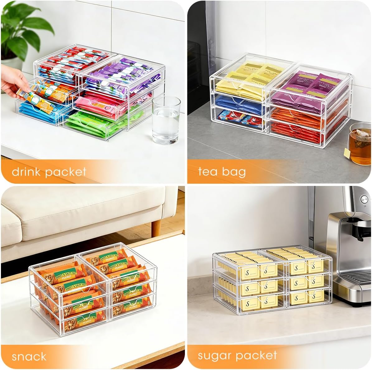 AIEVE Drink Packet Organizer, Stackable Storage Drawers for Tea Bags