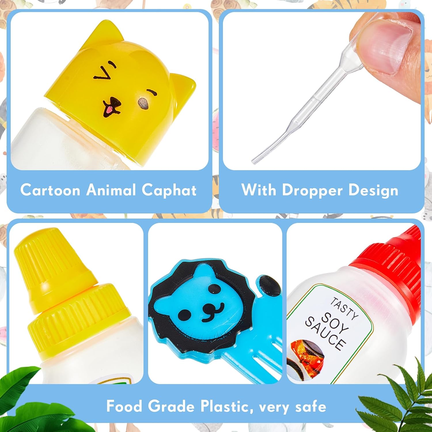 26 Pcs Lunch Bento Soy Sauce Case Containers, 5 Mini Condiment Squeeze Bottles with Dropper and 20 Animal Food Picks for Kids School Lunch Box, Back to School Accessories(Stylish Style)