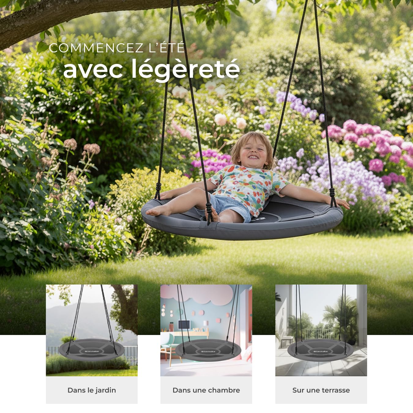 tectake® Balancoire nid d'oiseau Balancoire Exterieur Balancelle de Jardin pour Aire de Jeux Exterieur Our intérieur pour Enfant & Adultes avec Corde balancoire & mousquetons, Max. 120 kg, ⌀120cm