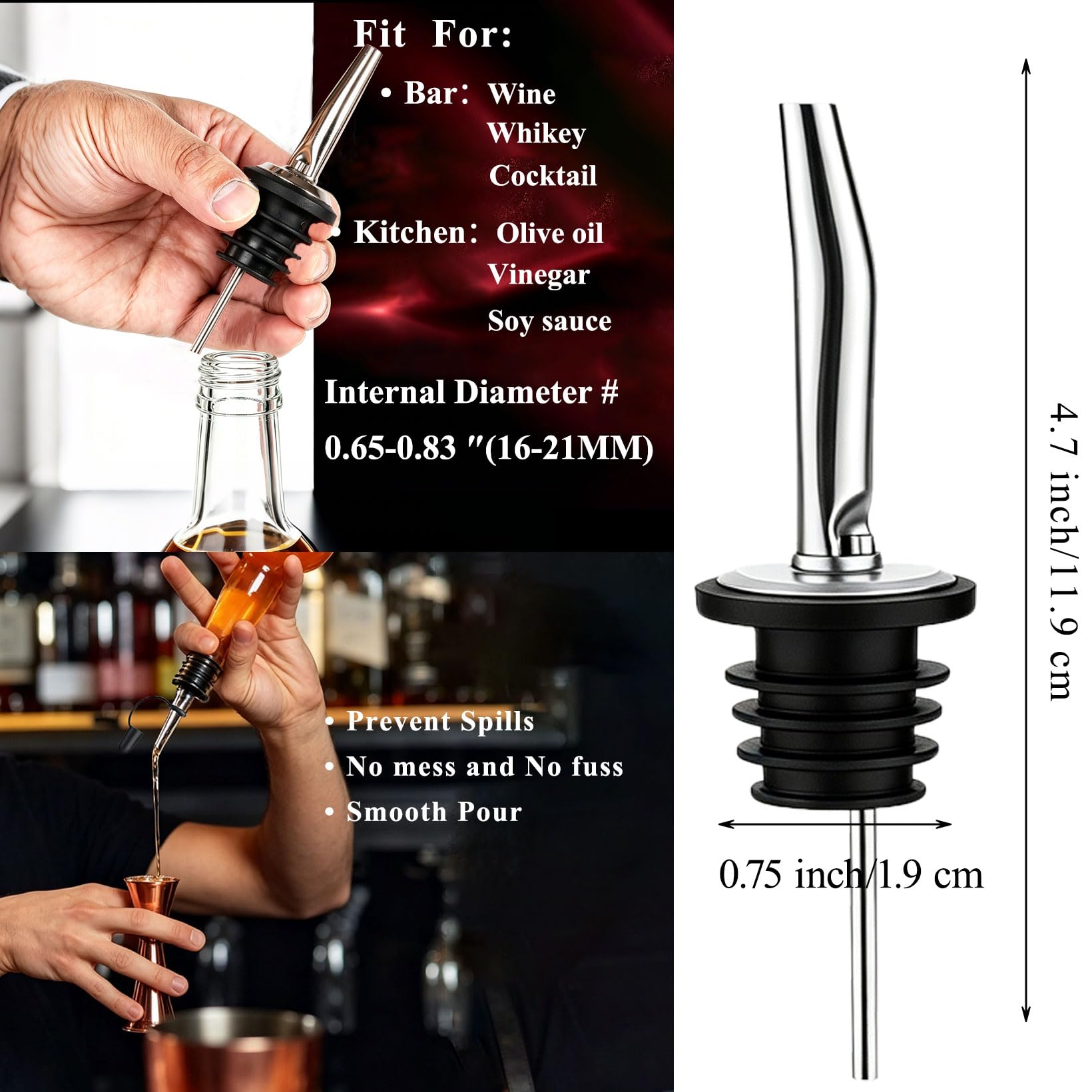 Jigger for Bartending, 2 oz 1 oz Bartender Jigger Stainless Steel, Double Cocktail Jiggers with Internal Measurements, Bar Tool for Bartending, Shot Drink Measurer for Cocktails(1Jigger - 2 Pourers) — Amazon image 5