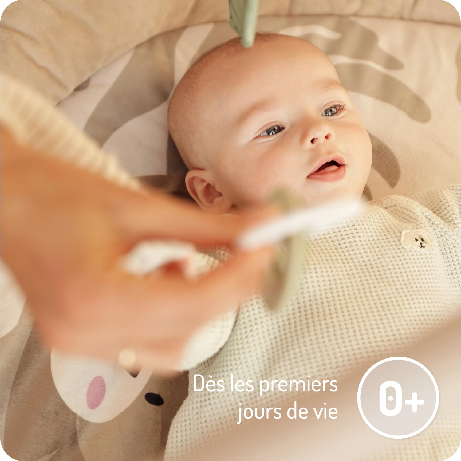MoMi LUANI Arche de jeu avec tapis d’éveil, Ø 72 cm (à l'intérieur), rebord de 10 cm de haut, 6 jouets lavables: miroir, jouet couineur, girafe en peluche avec hochet, deux anneaux de dentition